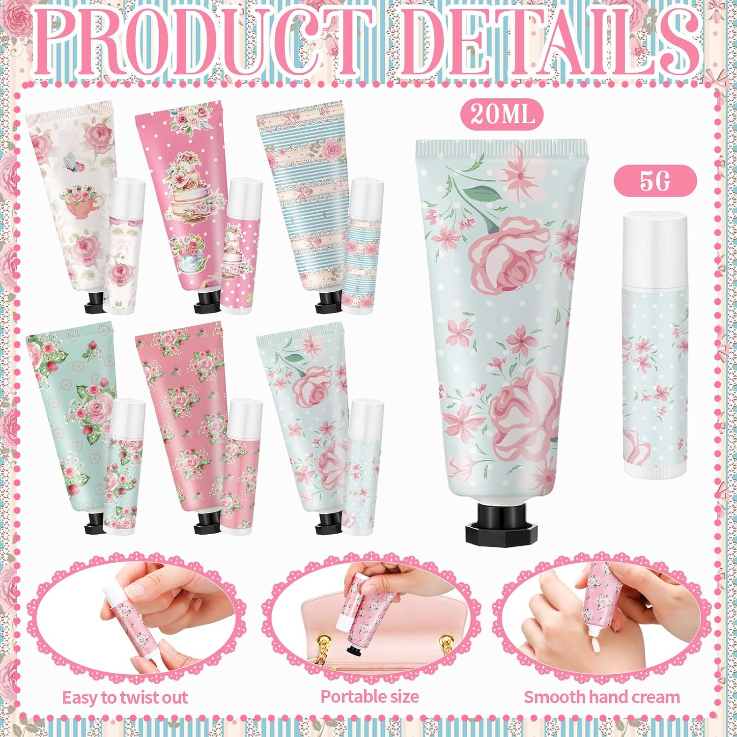24 Sets Tea Party Favors Mini Hand Cream Lip Balm Bulk Gift Set for Women Travel Size Hand Lotion Vintage Floral Moisturizing Lip Balm Gifts for Mothers Day Teacher Wedding Baby Shower