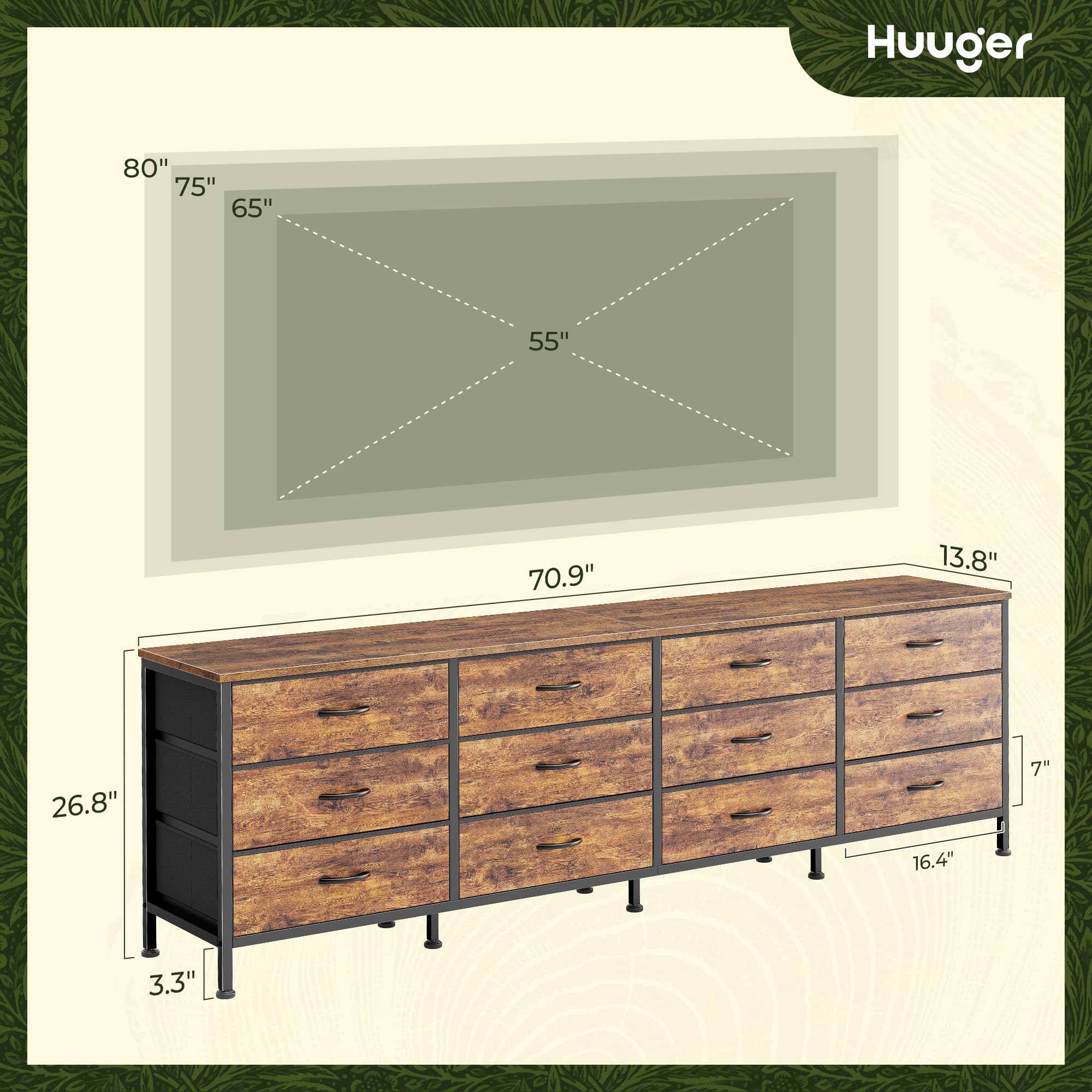 Cómoda de 70 pulgadas para dormitorio, soporte de TV para TV de 65, 75, 80 pulgadas, 12 cajones de tela, gran centro de entretenimiento para dormitorio, cómoda ancha con almacenamiento, marrón 3
