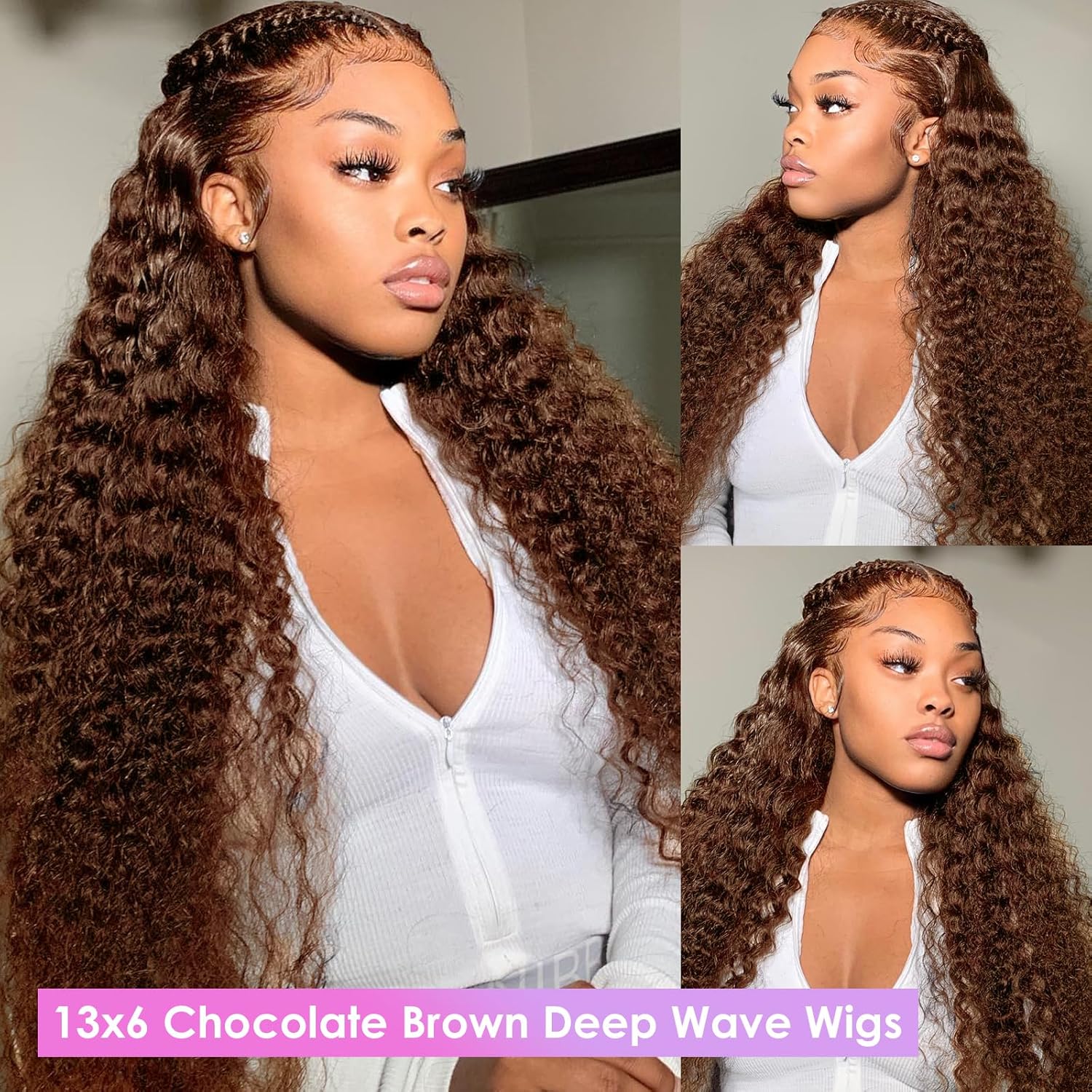30 Inch Chocolate Brown Deep Wave Lace Front Wigs Human Hair 200 Density 13x6 HD Lace Frontal Wigs Curly Human Hair Brown Glueless Wig For Women Pre Plucked with Natural Hairline