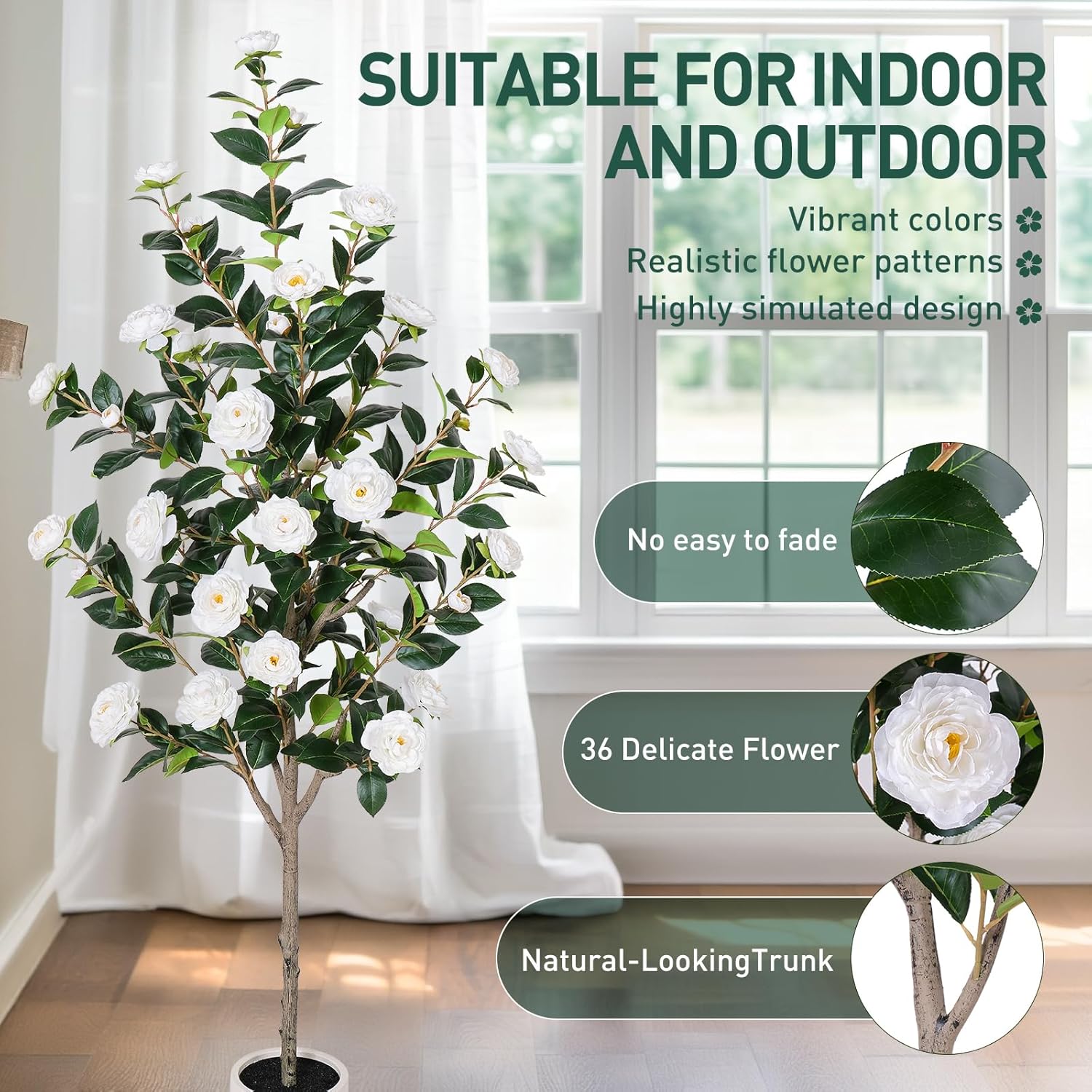 63 inch Artificial Camellia Tree with White Flower Pots - White Fake Tree,5 Ft Faux Plants Indoor wich Blooming,Artificial Plants for Indoor & Outdoor Home Front Door Decor