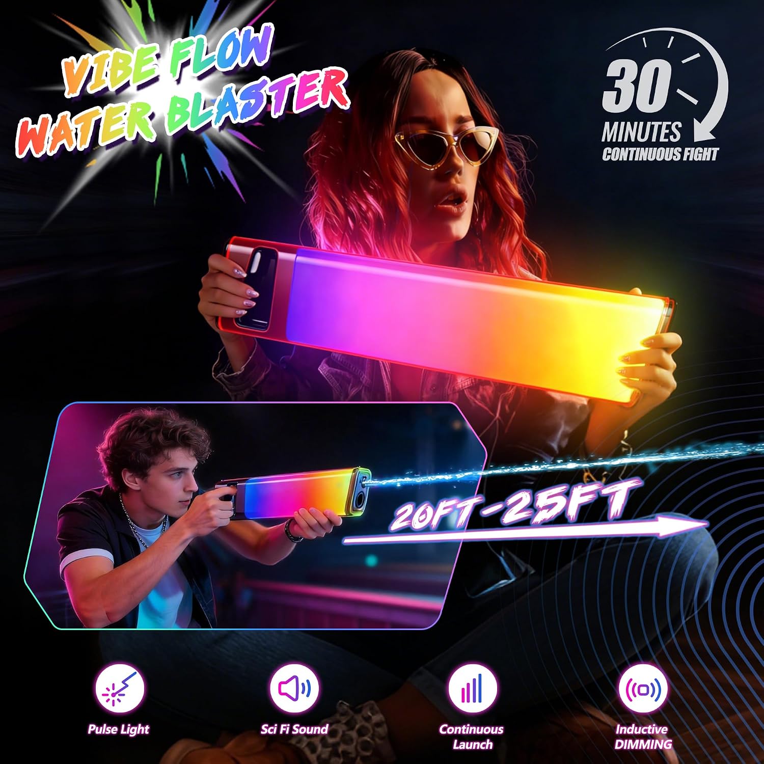 Electric Squirt Gun, Powerful Water Blaster for Adults Kids, Pink Automatic Water Gun with RGB Light Sound, Rechargeable Battery, Up to 25 FT Range, Summer Outdoor Toys for Beach Pool Game