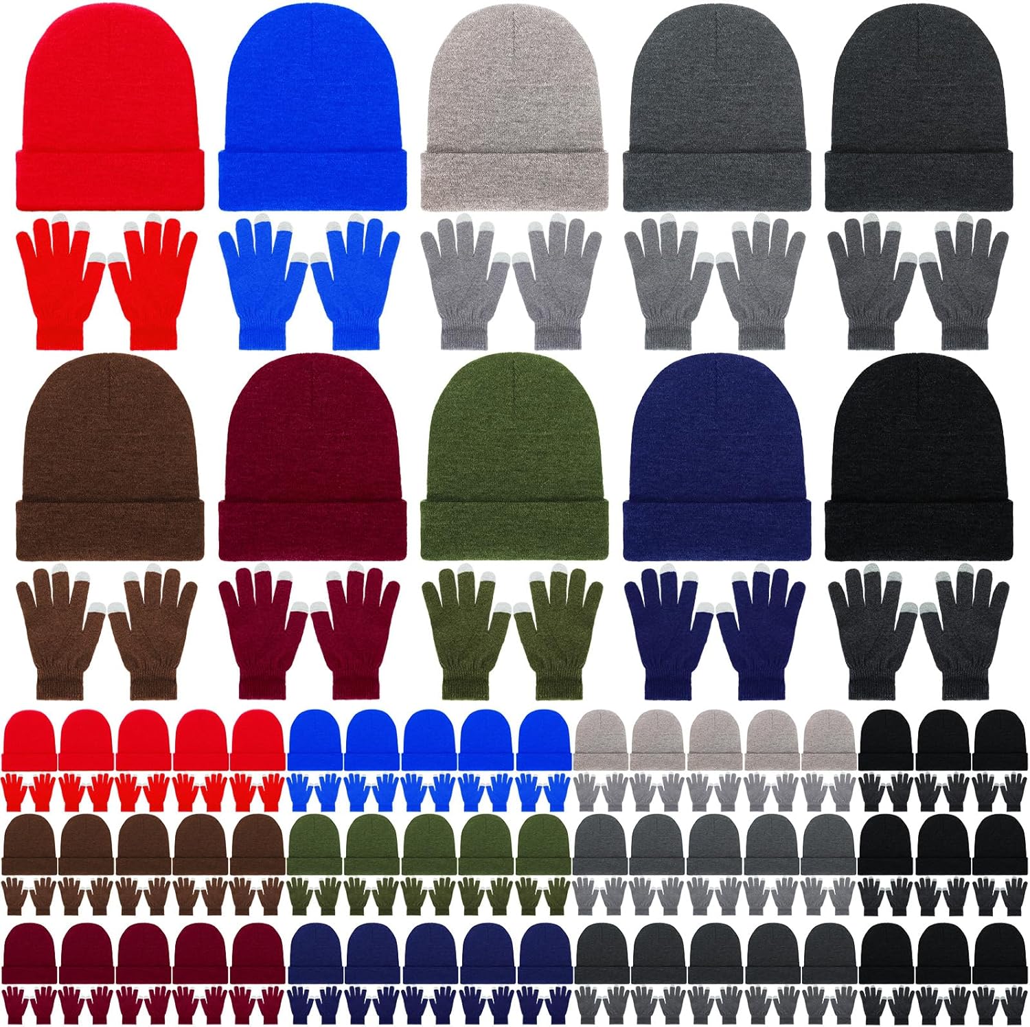 Suhine Bulk Winter Hats and Gloves Set Warm Beanie Gloves Pack Homeless Supplies for Cold Weather Charity