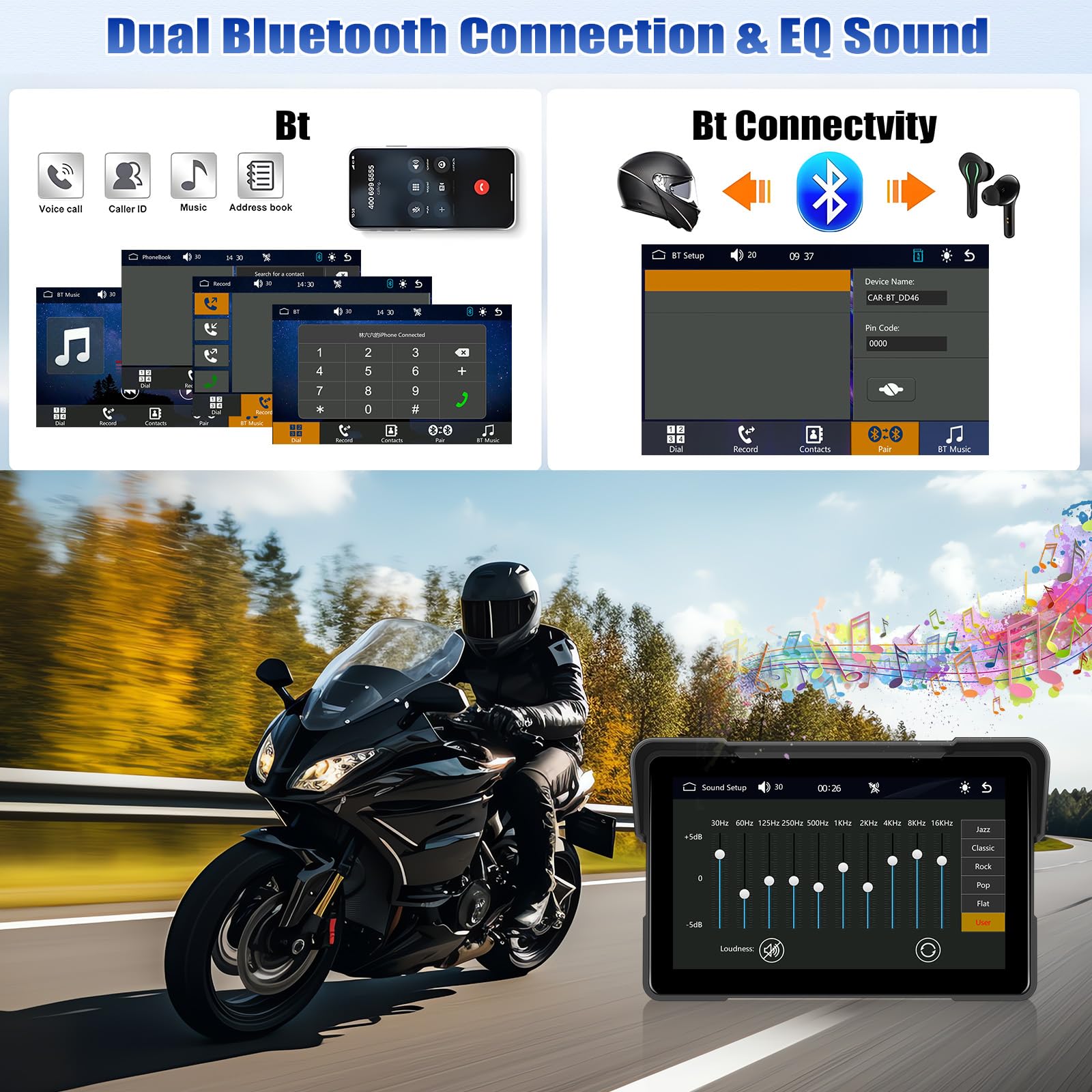 [2025] CAMECHO 7 Pulgadas Inalámbrico Moto Carplay Android Auto, IP67 Impermeable HD Pantalla Táctil GPS Display para Motos con Doble Bluetooth +EQ Airplay Android Cast Siri, G00gle Assistant - 4