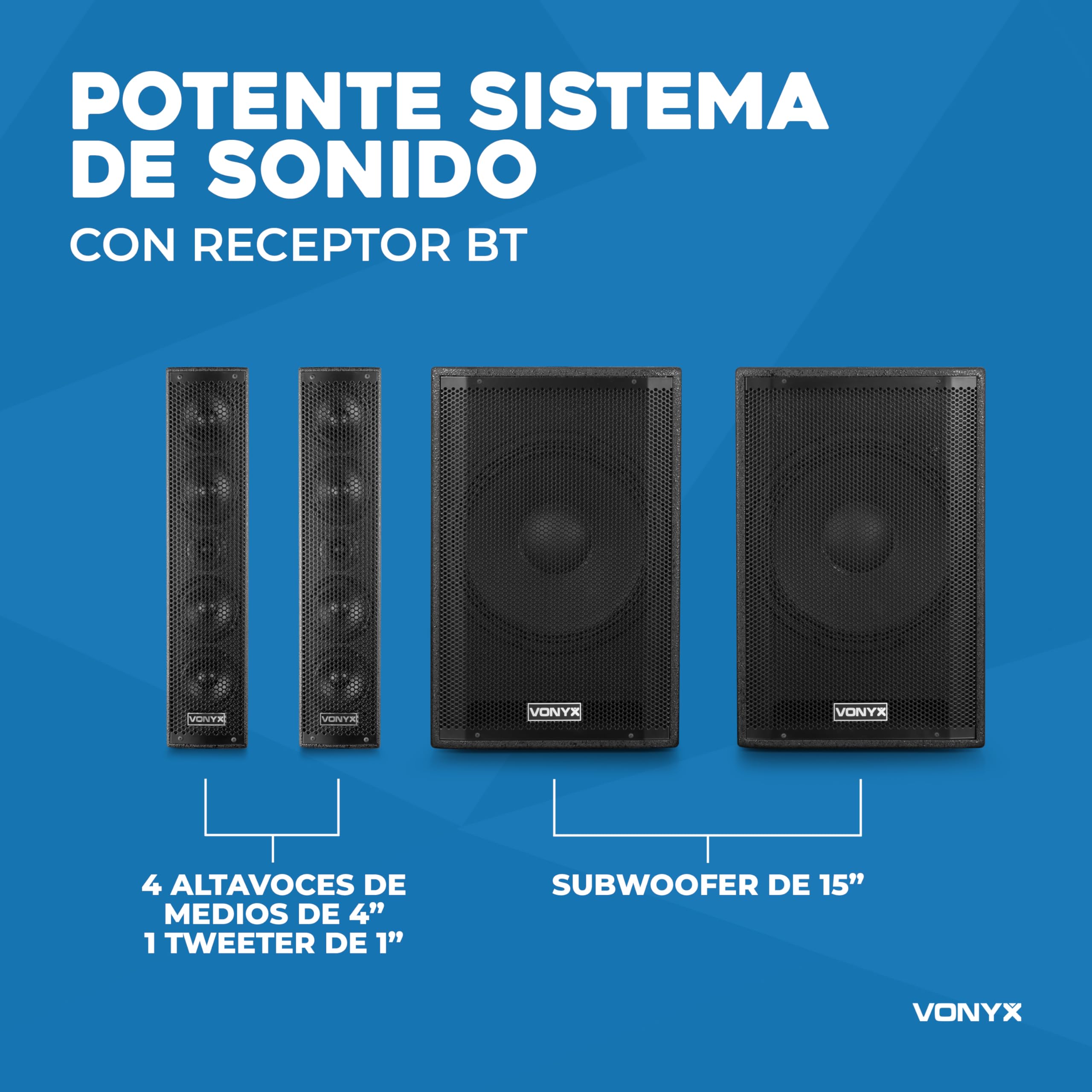 Vonyx VX1080BT – Sistema 2.2 Activo 1250W con Bluetooth 5.3, USB, SD, Doble subwoofer 15”, Micro, Trolley, Funda y Soportes, Equipo de Sonido Profesional para Eventos, Fiestas y DJ, Color Negro