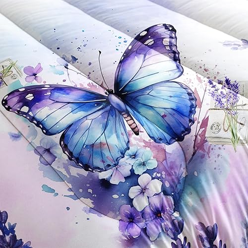 Miniatura 5 de QOOMO Juego de edredón de mariposa para niños, adolescentes, niñas y mujeres, edredón lavanda para niños con 2 fundas de almohada, juego de ropa de
