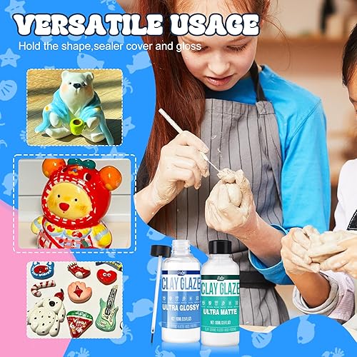Miniatura 5 de Esmalte de arcilla Air Dry  Esmalte de arcilla polimérica mejorado, 2 esmaltes de cerámica ultra brillantes y con acabado mate, sellador de arcilla