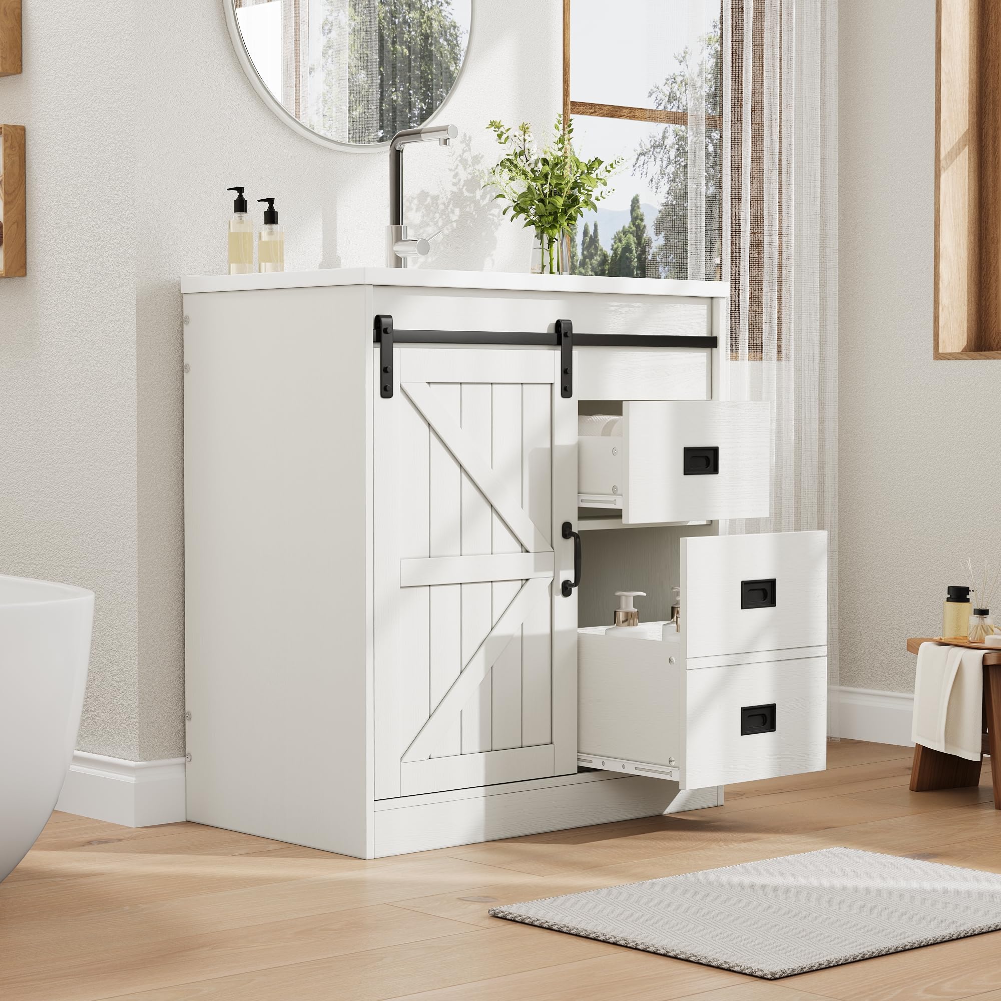 Mueble de baño moderno con lavabo de cerámica y cajones, color blanco