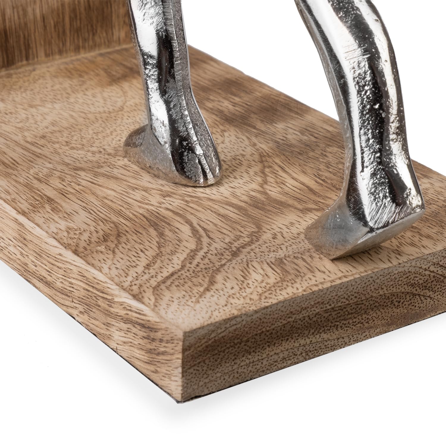 Moritz Buchstützen modern aus Aluminium und Mangoholz - 17,5x9,2x18,5 cm - 2er-Set Buchhalter Figuren Deko Skulptur Silber auf Holzsockel - stilvolle Deko für Wohnzimmer Büro Regal