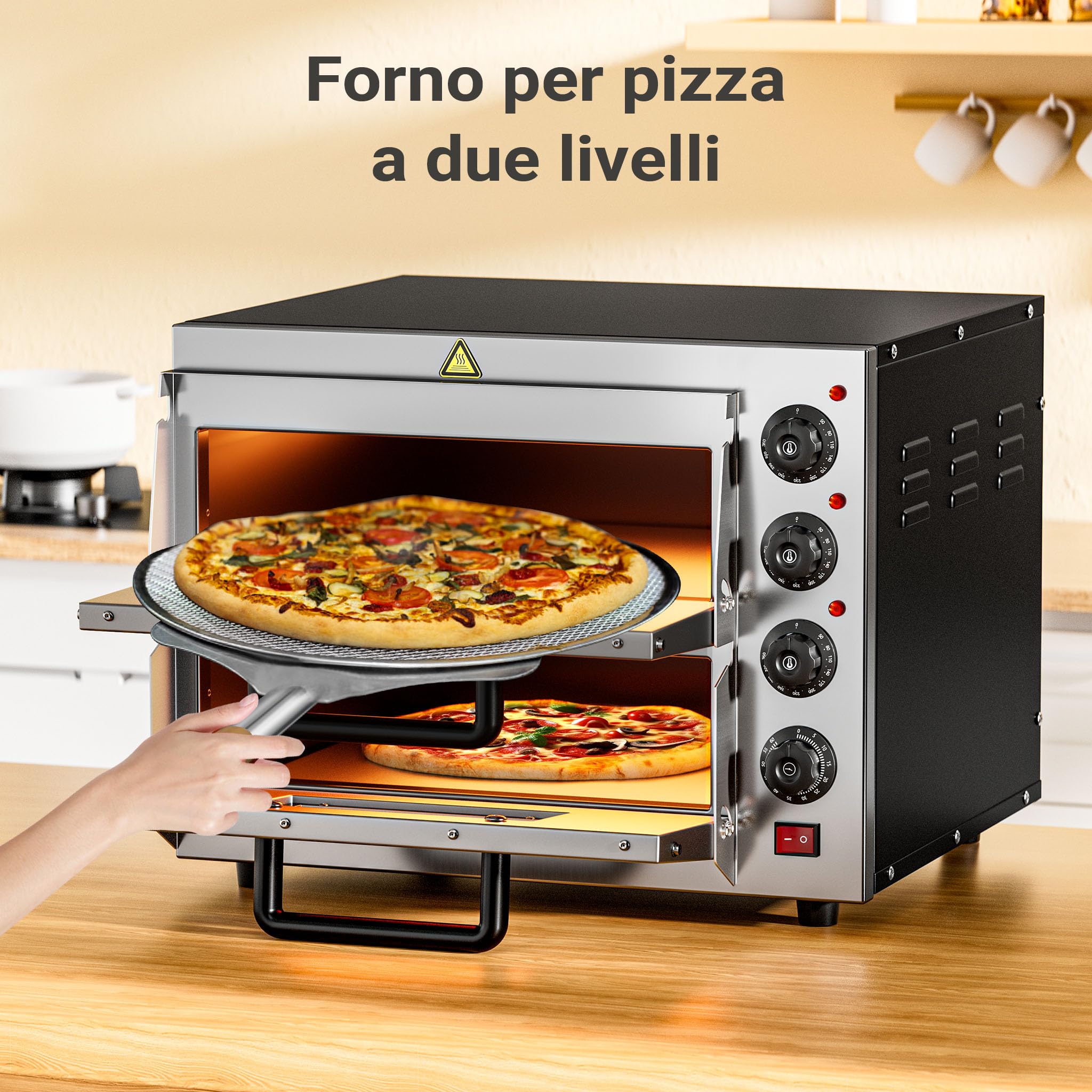 Wiltec Forno pizza elettrico a 2 livelli, con pietra refrattaria in cordierite, 3000W, 350°C Fornetto pizza