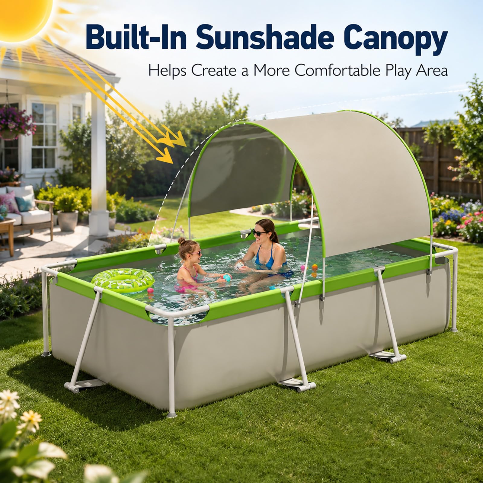 Piscina Fuori Terra Rettangolare con Tettuccio, Piscina Familiare | Grande Piscina da Giardino con Struttura Resistente e Parasole Estivo(74.8in/190cm)