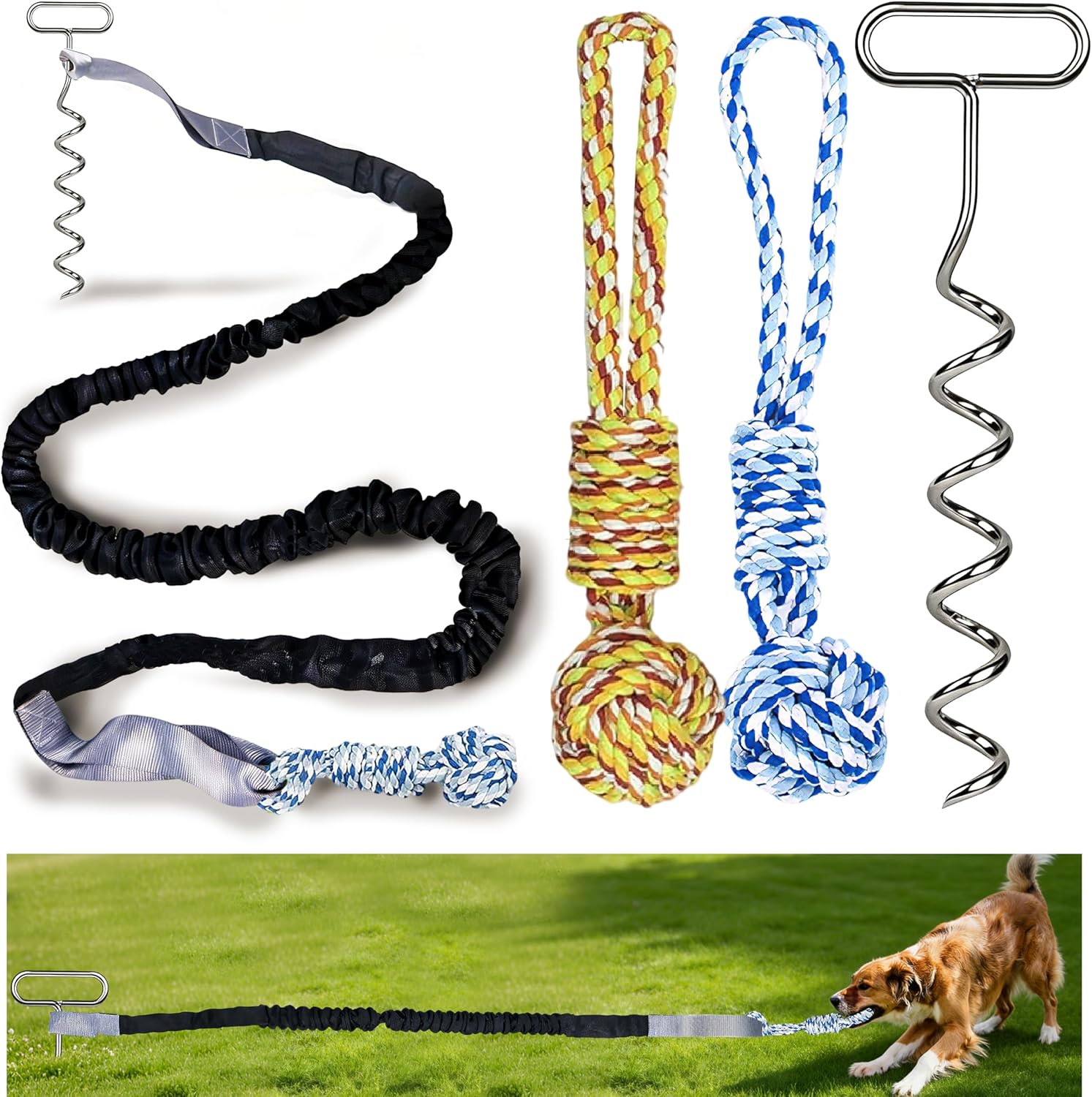 Dog Bungee Tug Toy with Steel Stake & 2 Chew Balls, 6.8ft Stretch Rope tug Toy - Tether Tug for Large/Medium/Small Dogs - Outdoor/Outside Dog Tug of War Toy (Lawn/Tree Use)