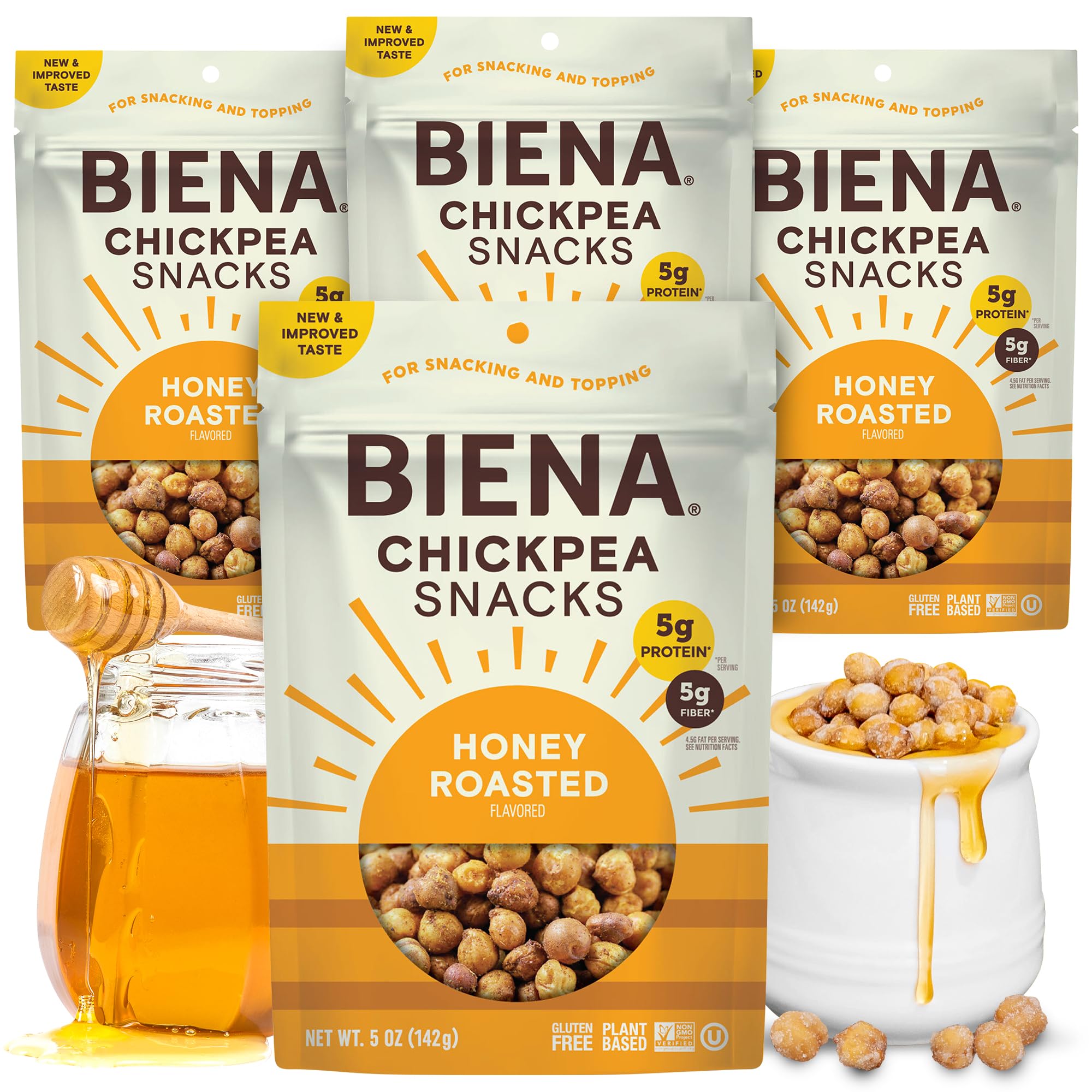 BIENA Chickpea Snacks - Crunchy Roasted Chickpeas - High Fiber Protein Snacks for Adults and Kids - 4-Pack, 5 Ounce Bags - Honey Roasted