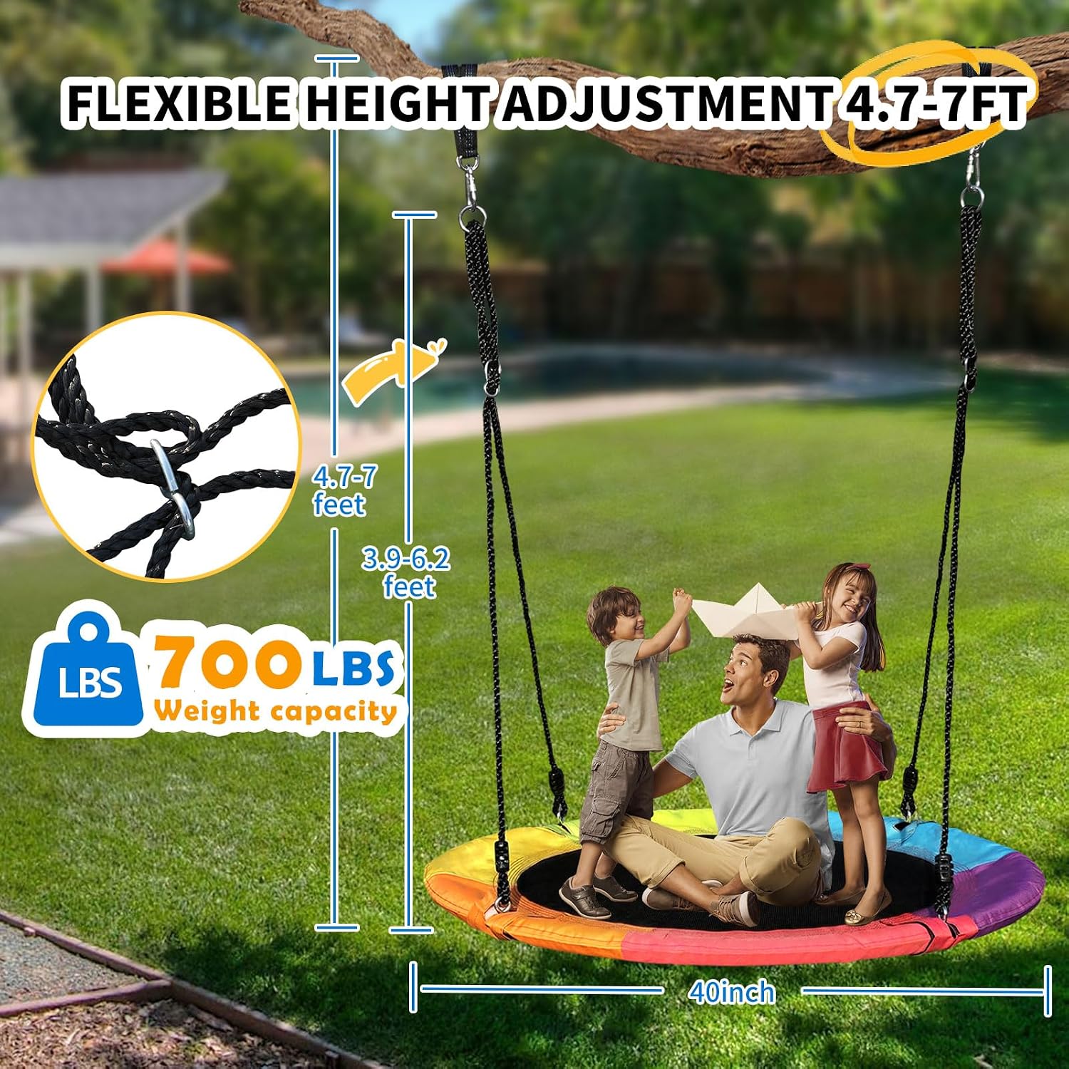 Tree Swing 40 Inch Saucer Swing 700LBS Heavy Duty for Kids Outdoor Rainbow image 2