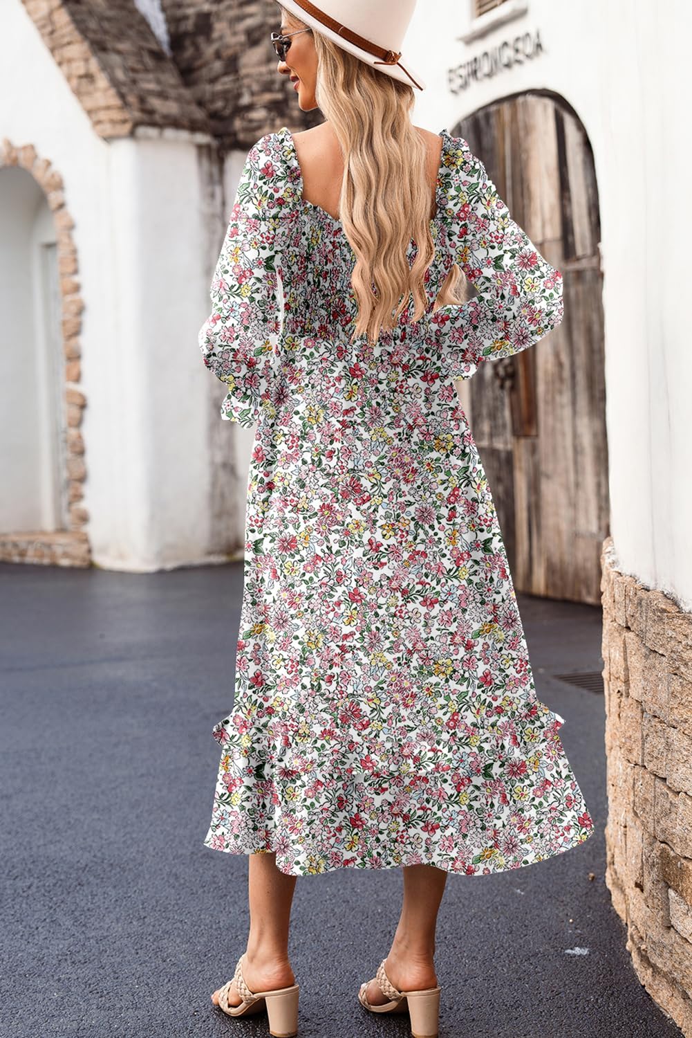 Dokotoo Boho Dresses for Women 2025 Casual Floral Square Neck Long Sleeve Smocked Elastic Waist Tiered Ruffle Hem Maxi Dress - Image 5