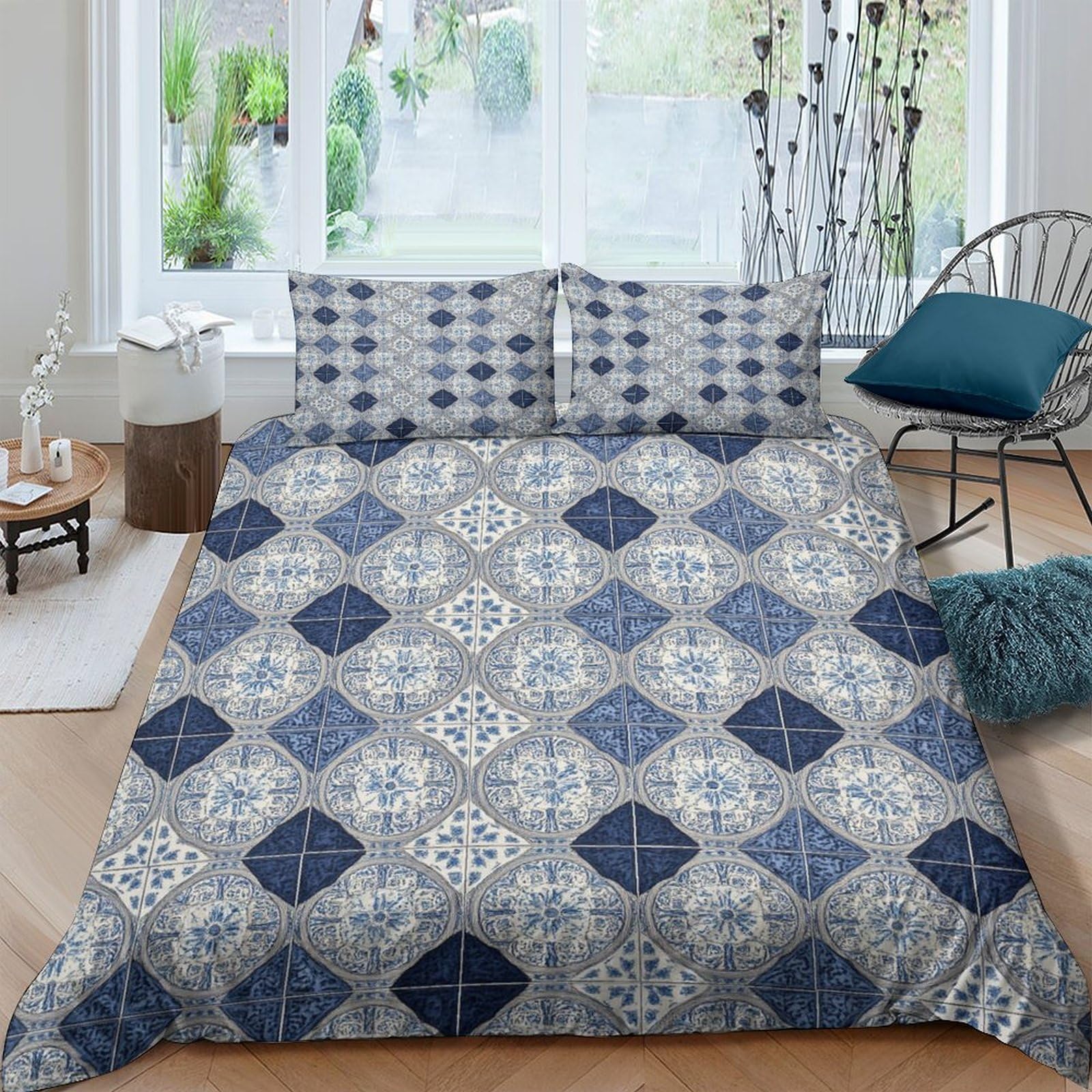 TUFRTGYHN 3D Printed Geometric Tile Pattern Duvet Cover Microfiber Soft Breathable Patchwork Bedding Set with 2 Pillowcases for Bedroom Decor Single（135x200cm）