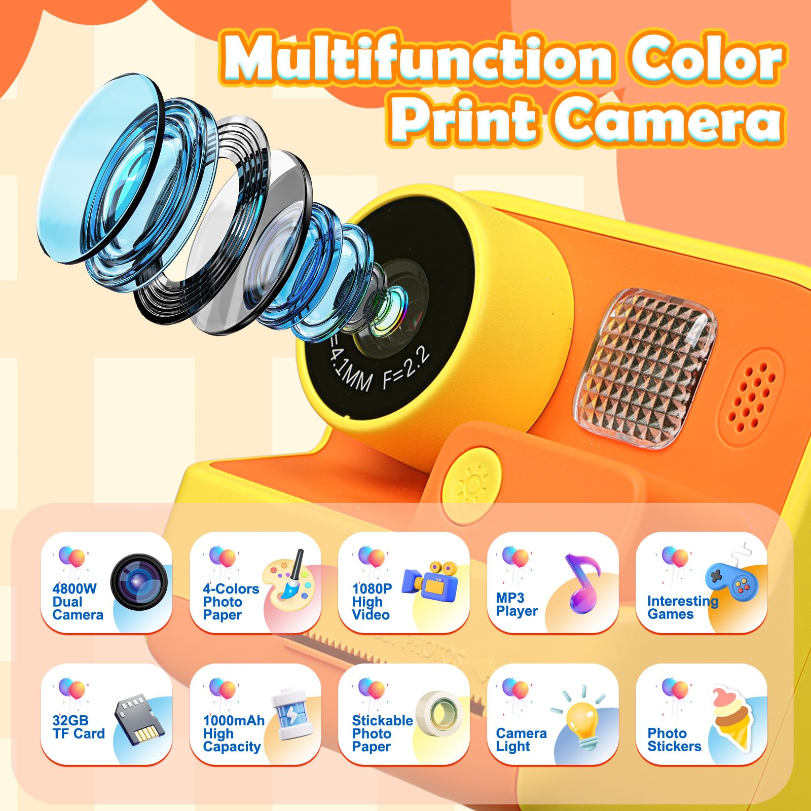Fotocamera a colori per bambini con stampa istantanea, 1080P 4800W doppia fotocamera con scheda TF 32 GB, fotocamera digitale giocattolo videocamera regalo compleanno Natale per ragazzi ragazze