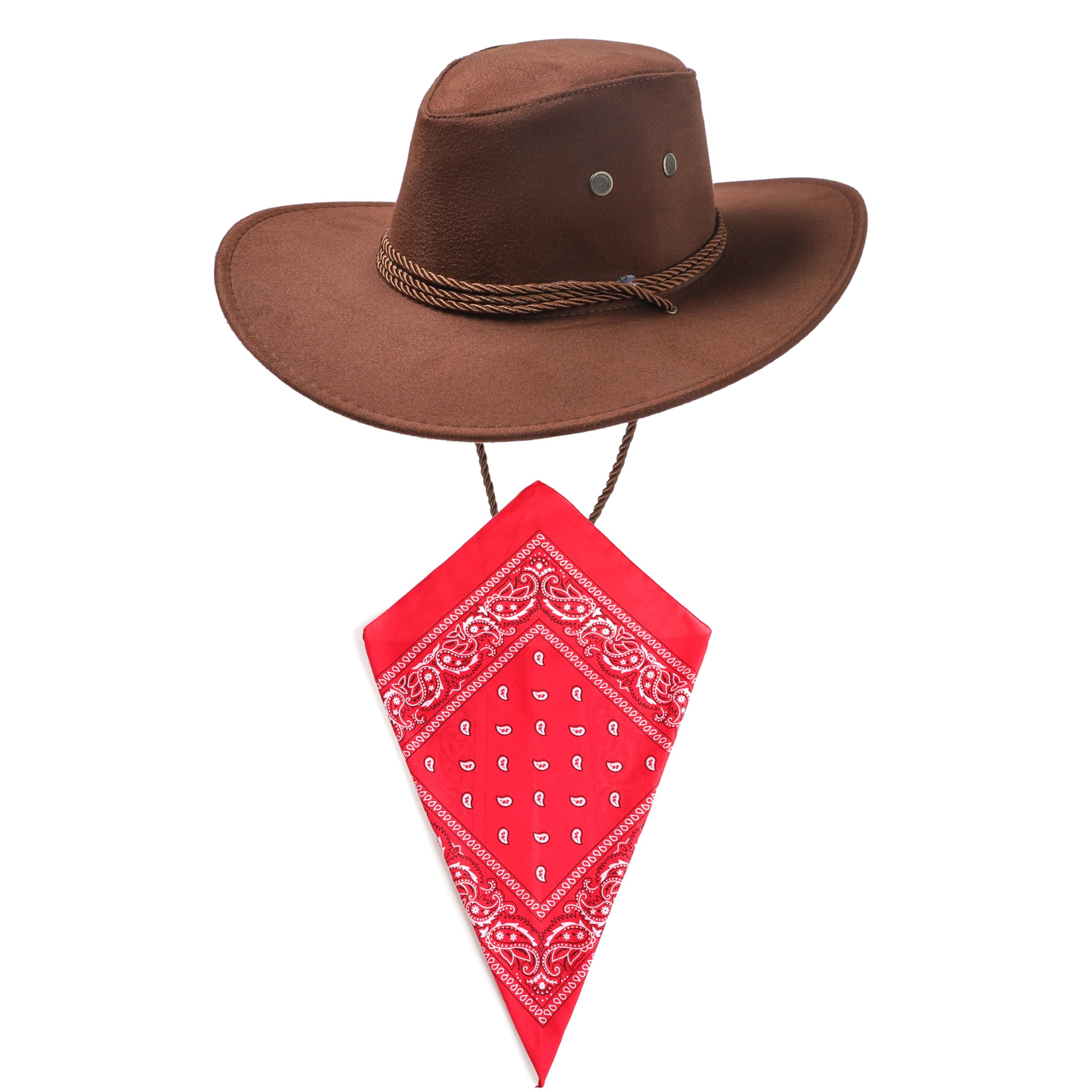 Dark Brown Cowboy Hat and Red Bandana Western Sun Cap Faux Felt Leather Suede Fancy Dress Party Costume Outfit Neckscarf Sun Protection Mens Womens โ image 1