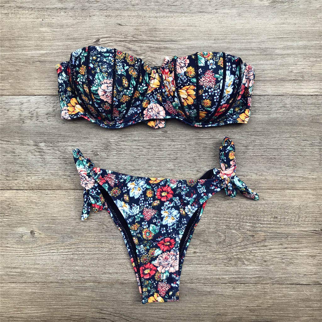 Conjunto de bikini para mujer, estampado en el pecho, a la moda, acolchado, sexy, flores, dividido, color azul marino, talla L