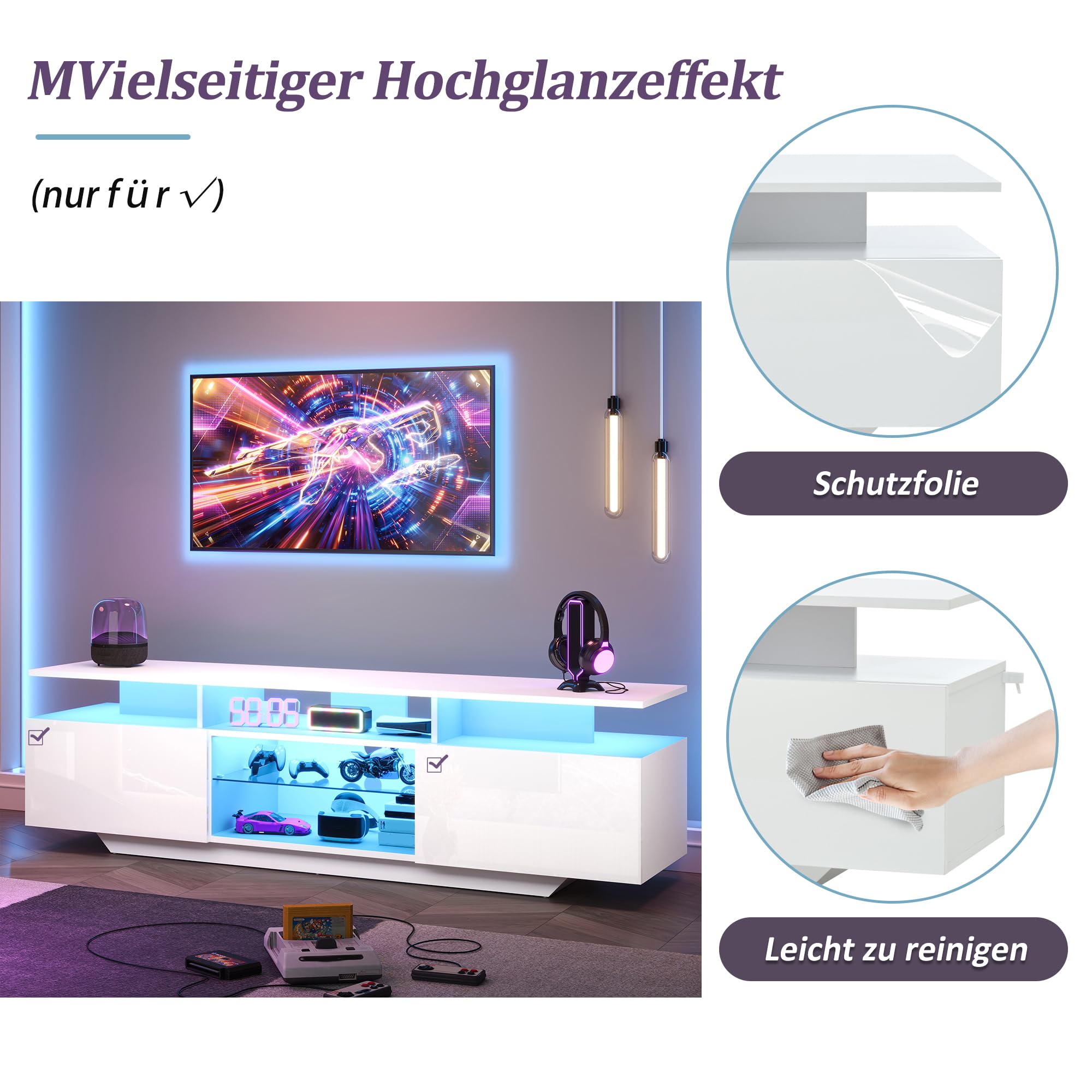 Supporto TV ad alta lucidità con striscia LED mobile TV con porte scomparti aperti pannello basso per TV fino a 70 pollici base tavolo per il mobiles TV per soggiorno bianco