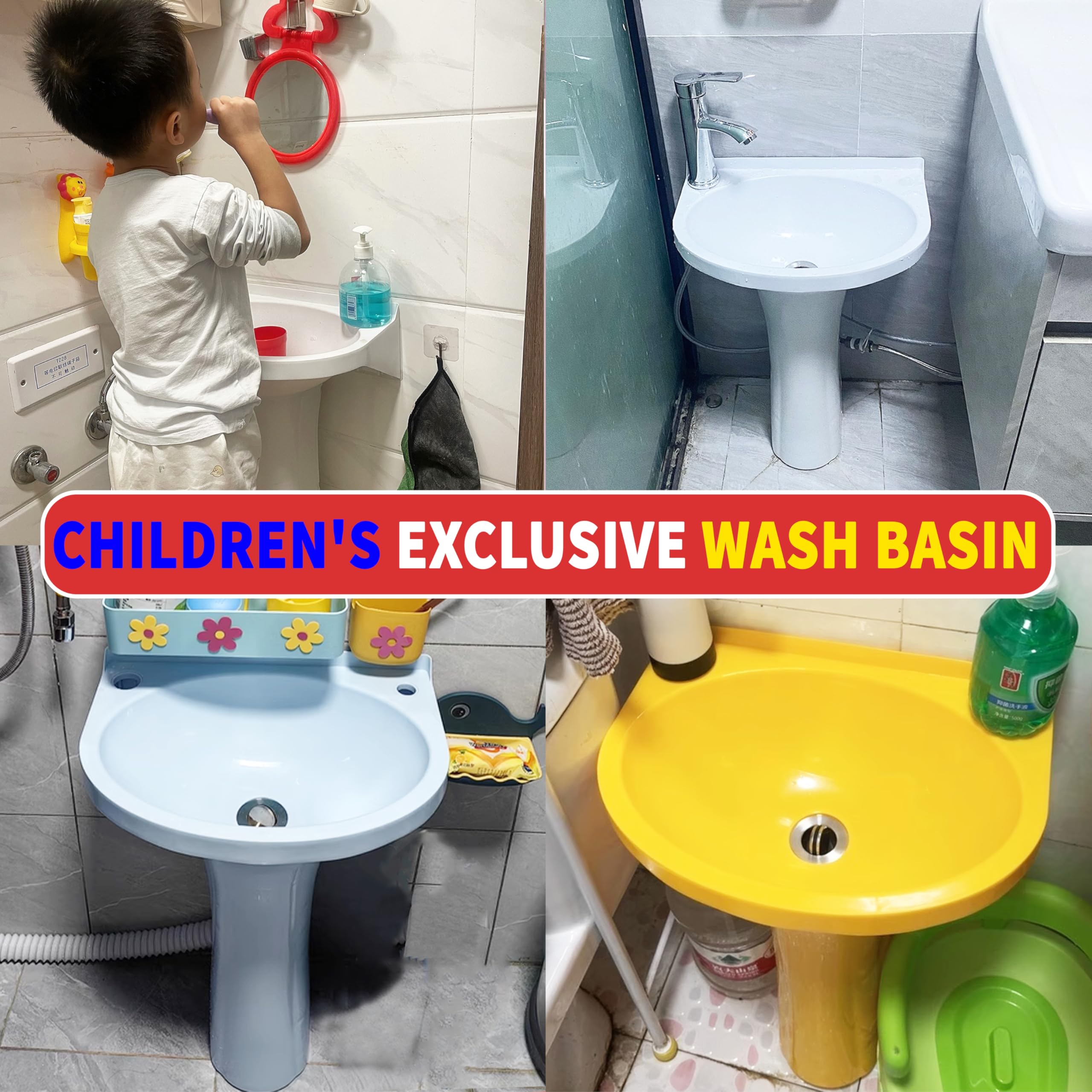 Évier sur pied en plastique pour tout-petits – Petit lavabo de salle de bain pour enfants – 40 x 28 x 53 cm – Installation sans perçage – Autocollant avec trou de robinet pour salle de bain – Colonne
