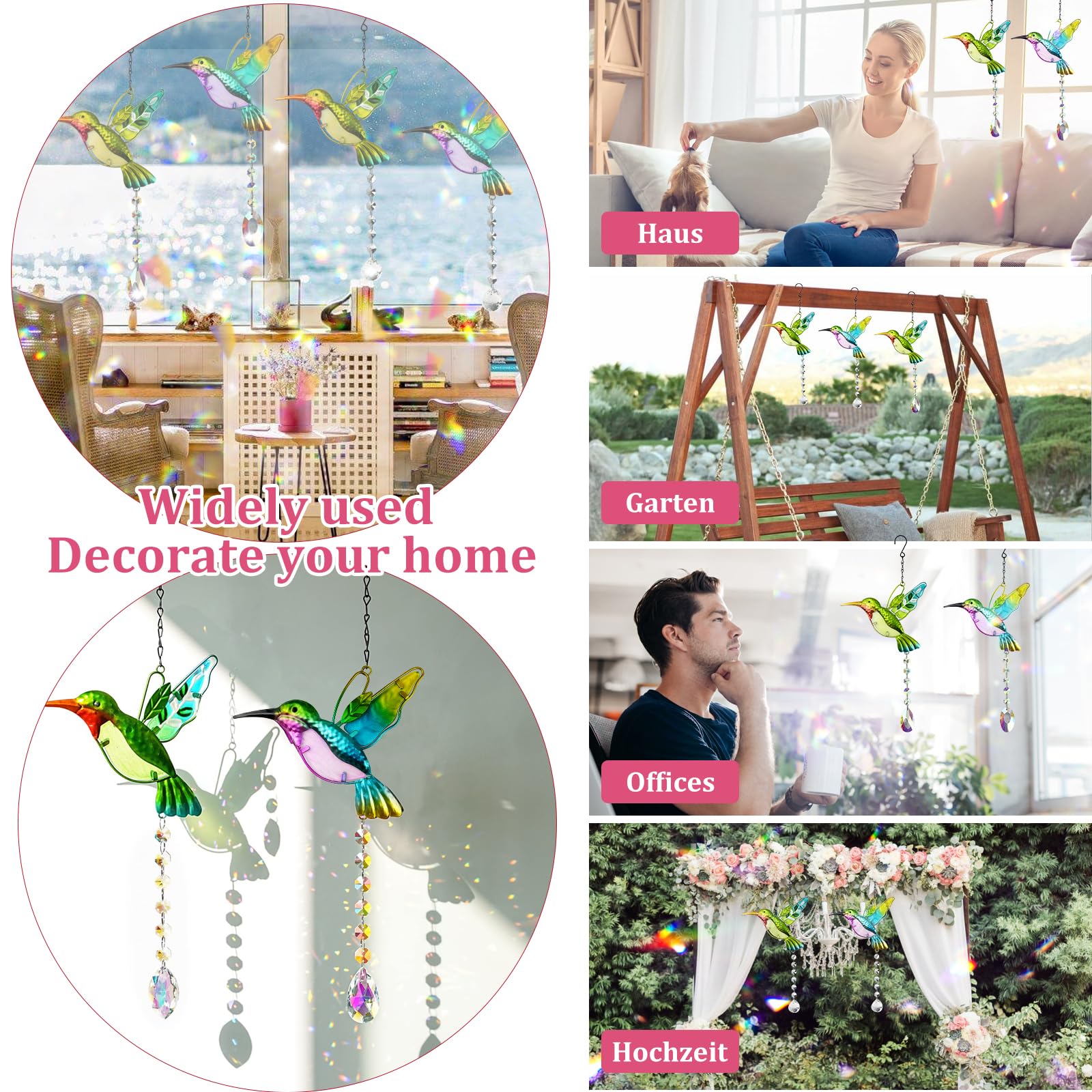 4 acchiappasole a colibrì, 41 x 18 cm, con cristalli Suncatcher da appendere, con 4 ganci per finestre, giardino, camera da letto, matrimonio, ecc