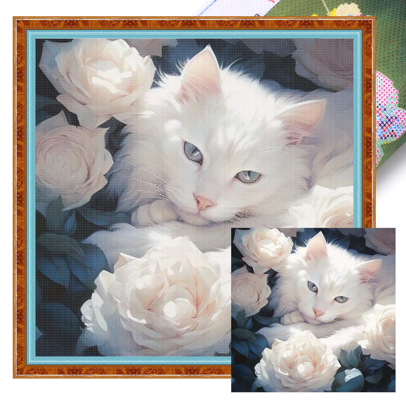 Poetrydraw White Cat ​ White Cat Full 11Ct Diy Stamped Cross Stitch Kits For Beginners Adults Home Wall Decor Embroidery Needlepoint Starter Kits 40X40cm (11Ctacc-12563 C 40X40)