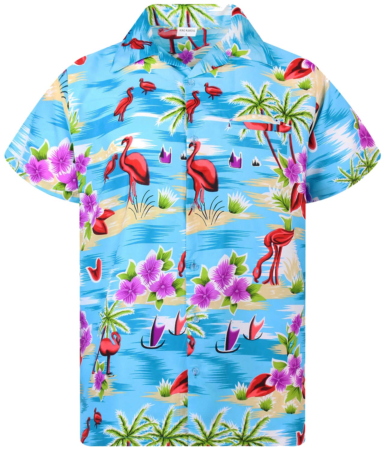 King Kameha Funky Hawaiian Shirt for Men – Tropical Men’s Hawaiian Shirt Short Sleeve, Flamingos, Turquoise, XXL