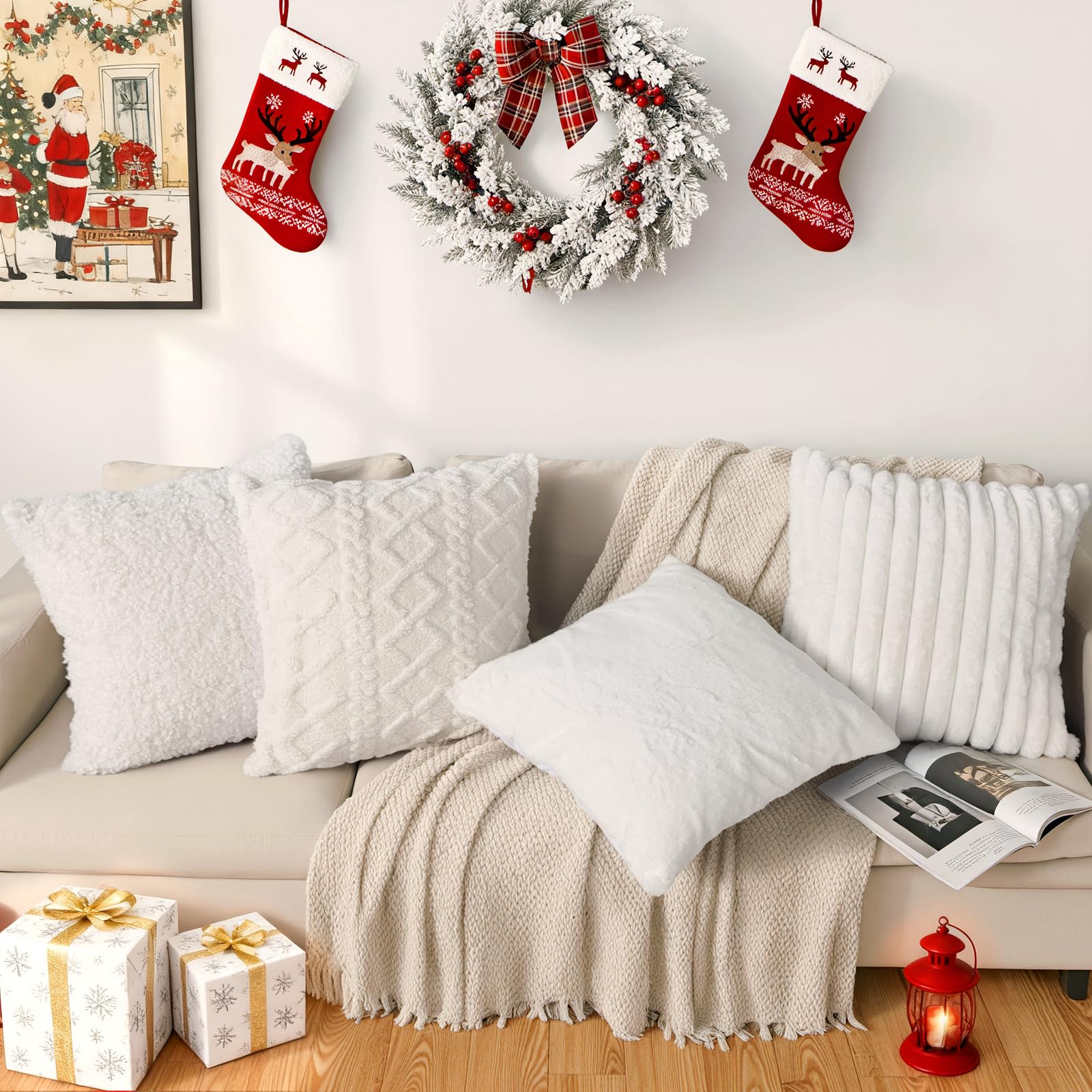 Bunny Chorus Juego de 4 fundas de almohada de felpa de Navidad de 18 x 18 pulgadas, fundas de almohada decorativas de Navidad, fundas de almohada rústicas bohemias de piel sintética, fundas de