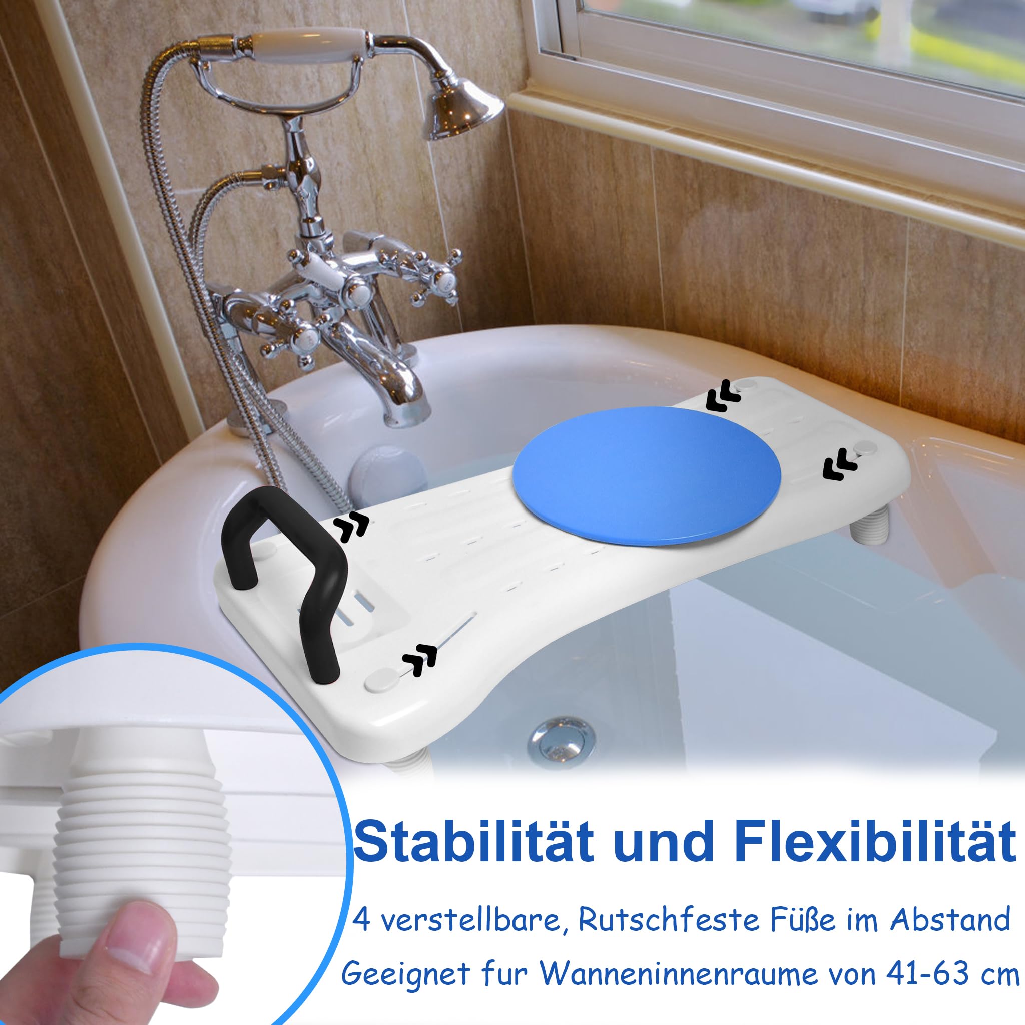 YRHome Badewannensitz mit Drehscheibe 75,5x34cm Badewannenbrett zum sitzen Badewannensitz Senioren Erwachsene Einstellbar Wannenbrett zum Sitzen für Badewanne Duschbrett bis 150kg mit Schwarz Griff