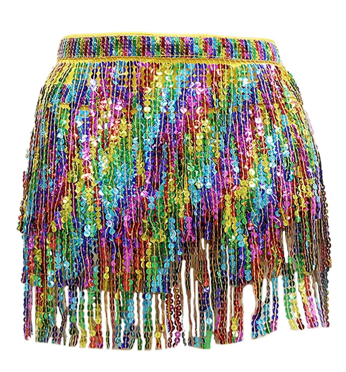 Sequin Tassel Skirt for Women, Glitter Sparkly Fringe Belly Dance Hip Scarf Skirts, 4 Layers Tassels Mini Rainbow Wrap Skirt for Festival Dance Performance Metallic Rave Party Belts Costume Outfits