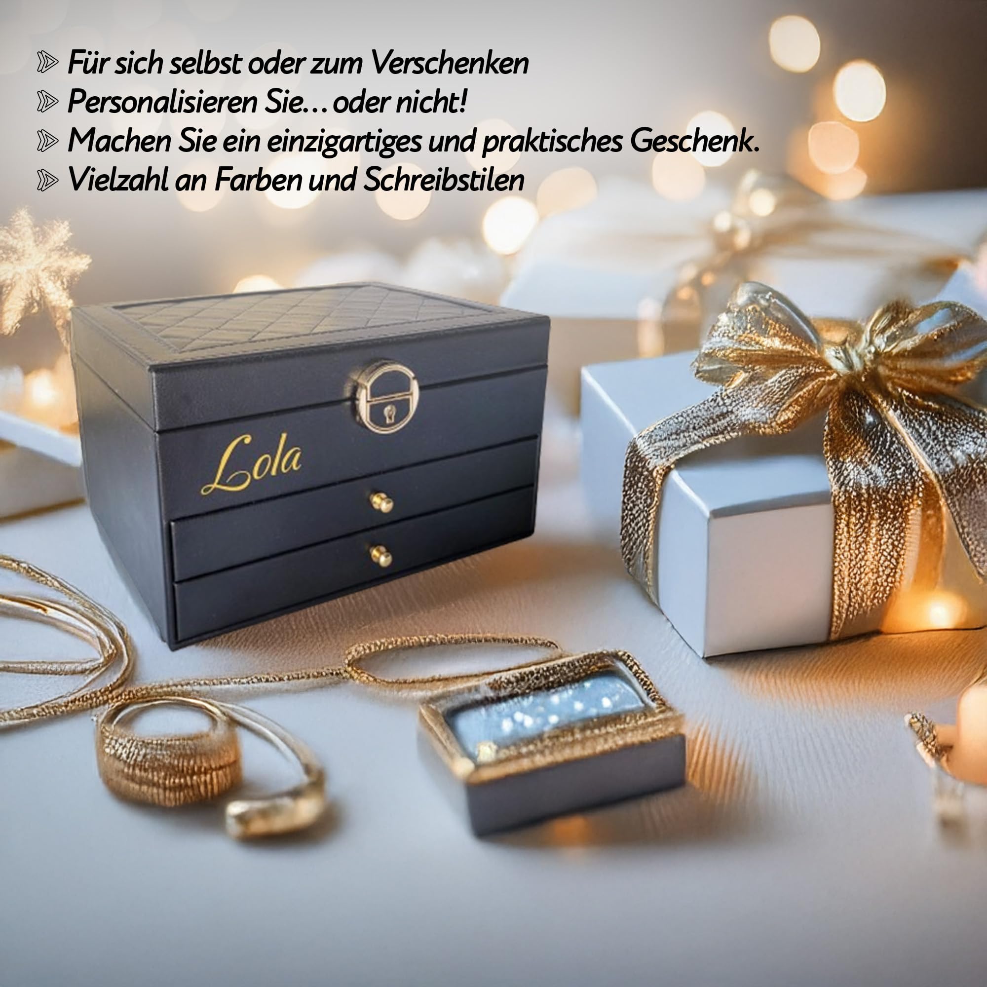 BS Schmuckkästchen für Damen und Mädchen | Personalisierte Schmuckschatulle mit Vornamen für Geschenk - Party | abschließbare Schmuckaufbewahrung mit Schlüssel, veganes Leder, Schmuckorganizer