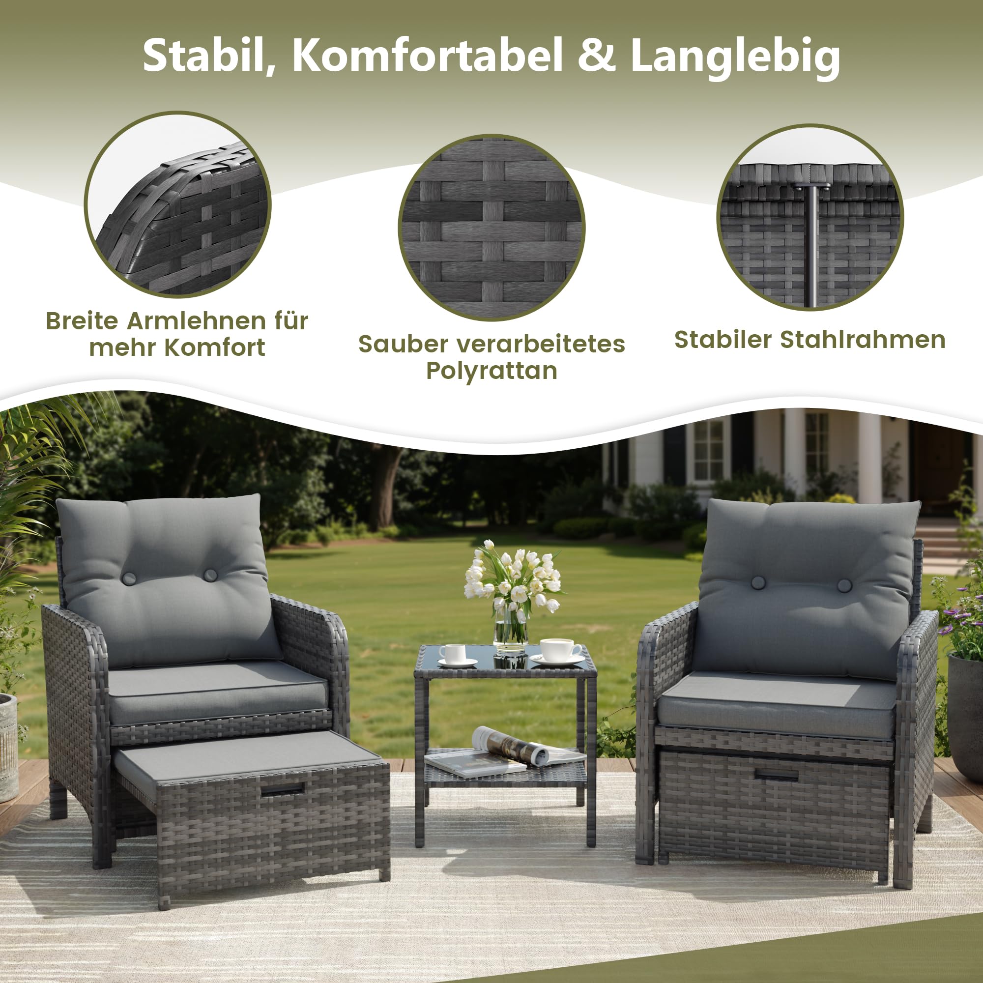 Amopatio 5-teiliges Polyrattan Gartenmöbel Set, Rattan Lounge Set mit 2 Hockern und Glastisch, Wetterfestes Garten Sofa Set mit Sitzkissen für Garten, Terrasse, Balkon, Grau