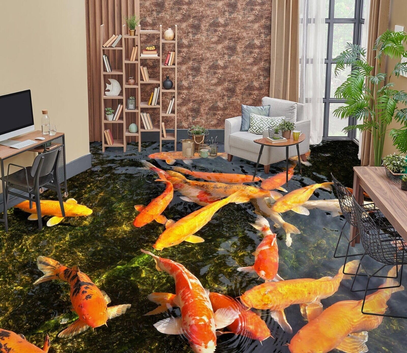 Cartel De Decoración De Piso Murales de papel pintado de suelo de pez amarillo 3D, 250 * 175 cm palillos autoadhesivos para azulejos de piso para sala de estar, cocina, baño, escaleras, pisos