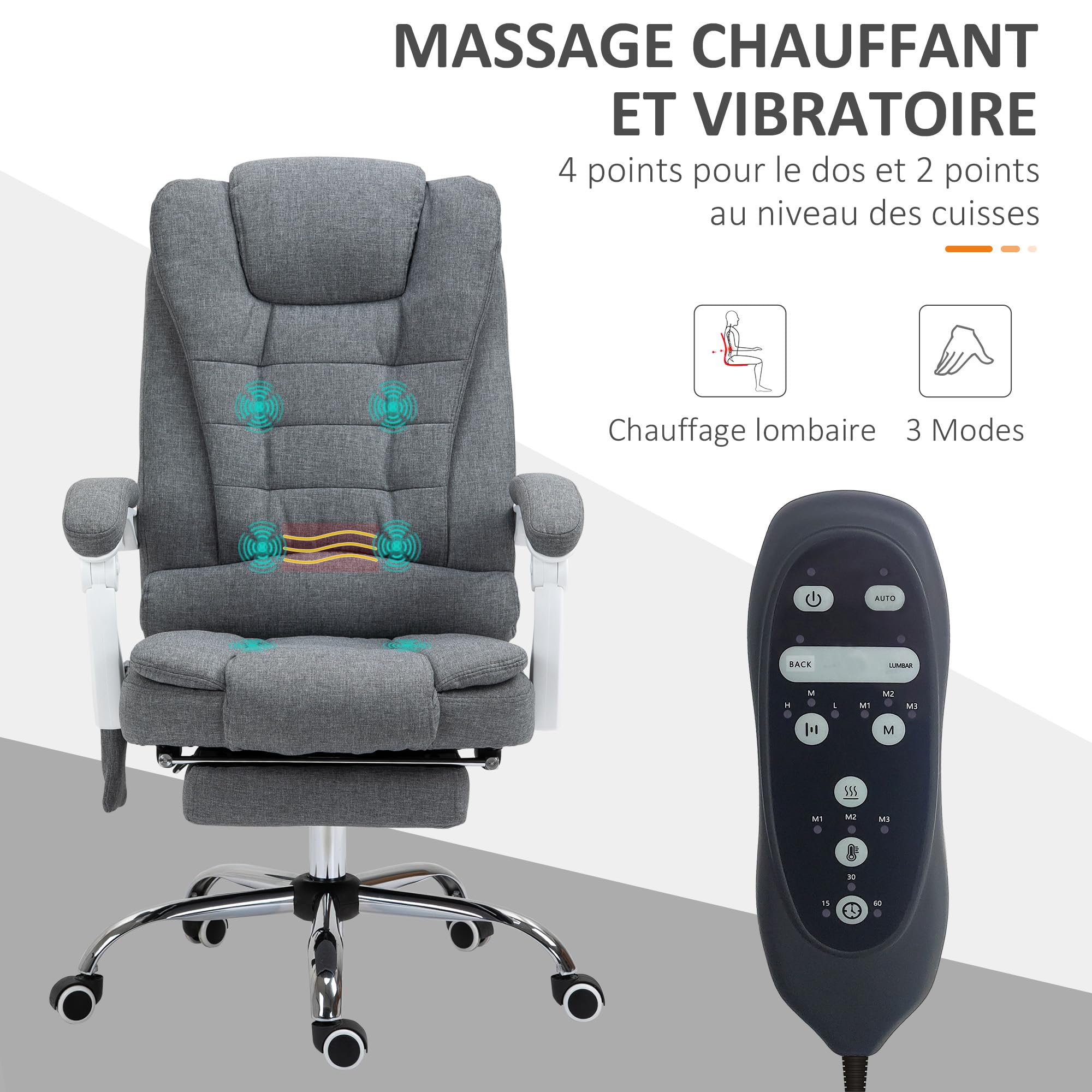 Vinsetto Fauteuil de Bureau Massant et Chauffant Toile de Lin Gris