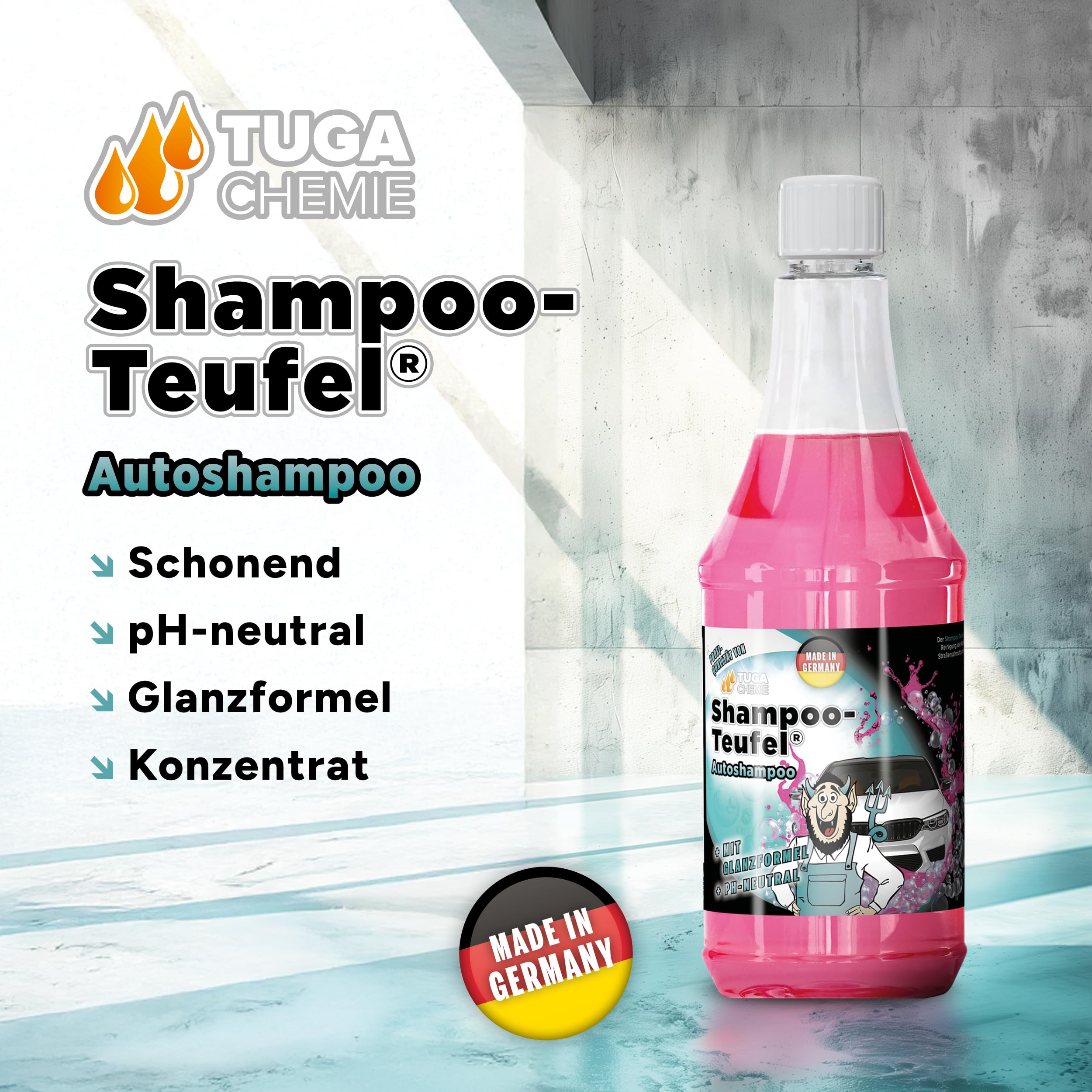 TUGA Chemie Shampoo-Teufel Autoshampoo Konzentrat Lackschonend 5L Kanister | Auto Shampoo für Glanz & Pflege, Für Handwäsche & Schaumlanze, Made in Germany