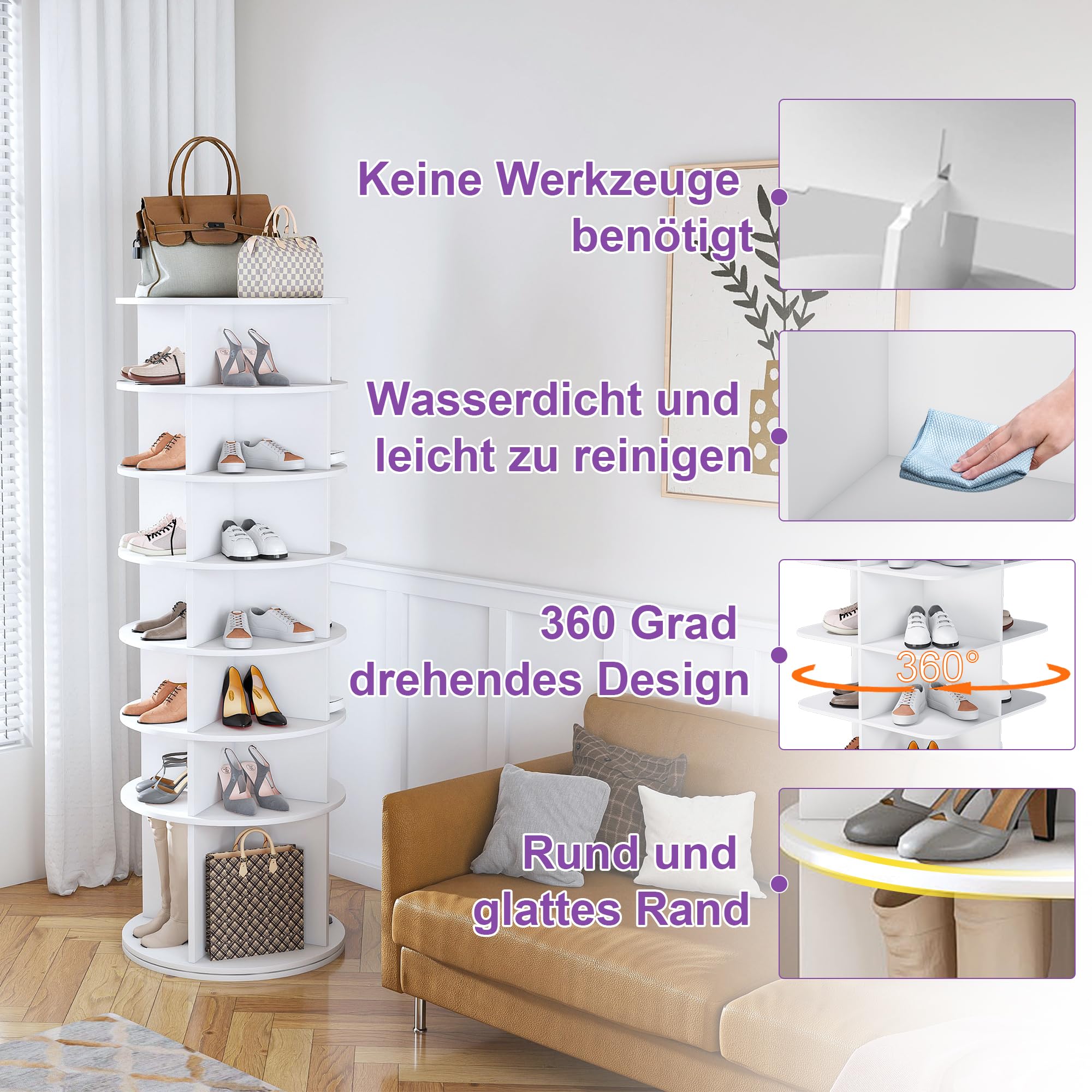 Étagère à Chaussures Rotative 7 Niveaux Armoire À Chaussures Tournante 360°, Rangement Chaussure pour 28 Paires de Shoes, save space, Meuble À Chaussures Entrée Chambre Ou Dressing (7 Niveaux - Blanc)