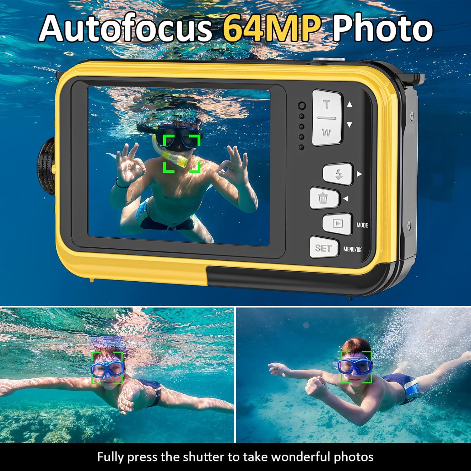 4K Digital Camera 16FT Underwater Camera with 32GB Card 64MP Autofocus Dual-Screen Selfie Waterproof Camera for Snorkeling Compact Floatable Point and Shoot Digital Camera 1250mAh Battery