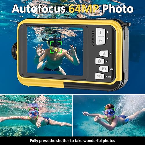 Miniatura 3 de Cámara digital 4K Cámara submarina de 16 pies con tarjeta de 32 GB, enfoque automático de 64 MP, cámara impermeable para selfie de doble pantalla,