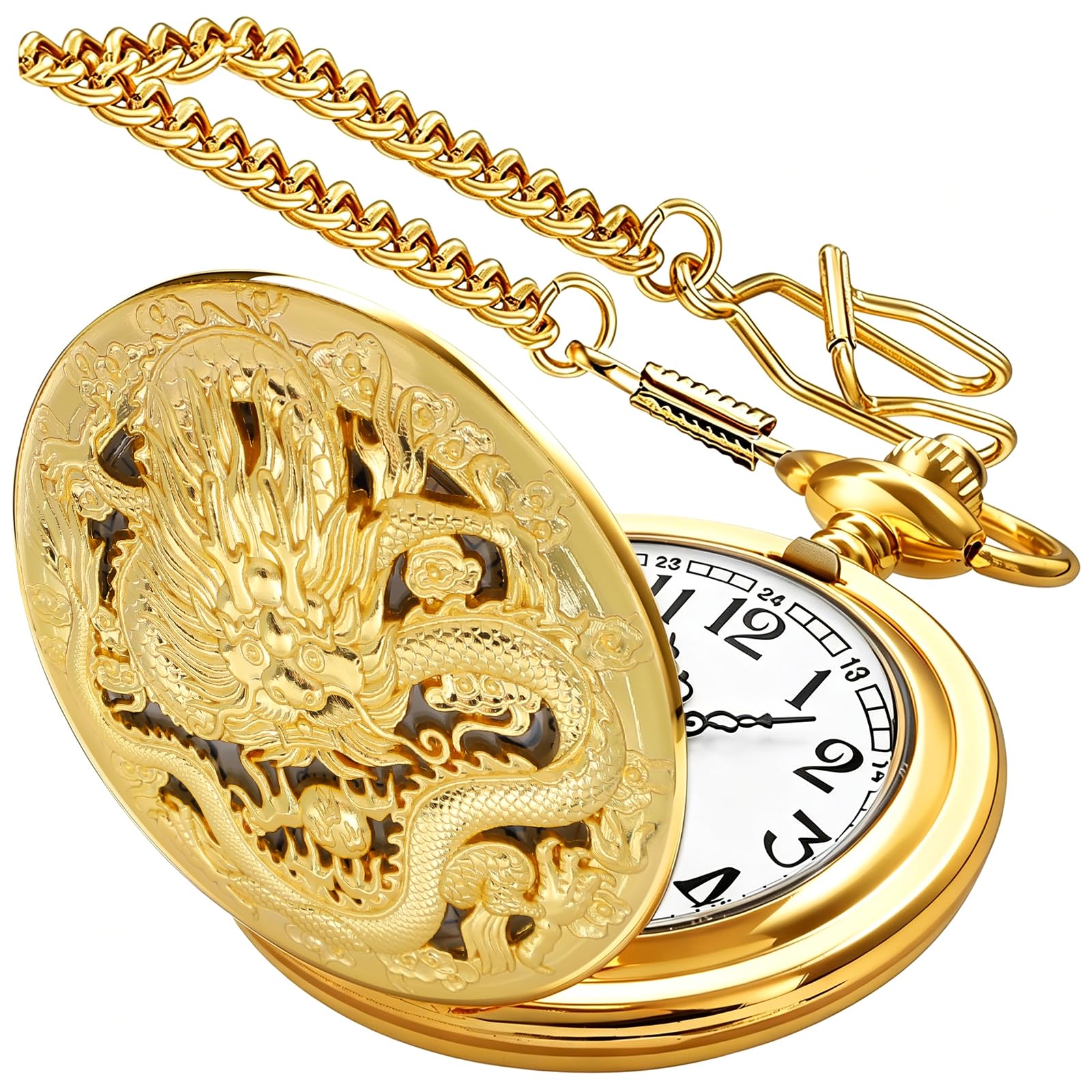 Dragon Quartz Pocket Watches for Men Roman Numerals Pocket Watch with Chain