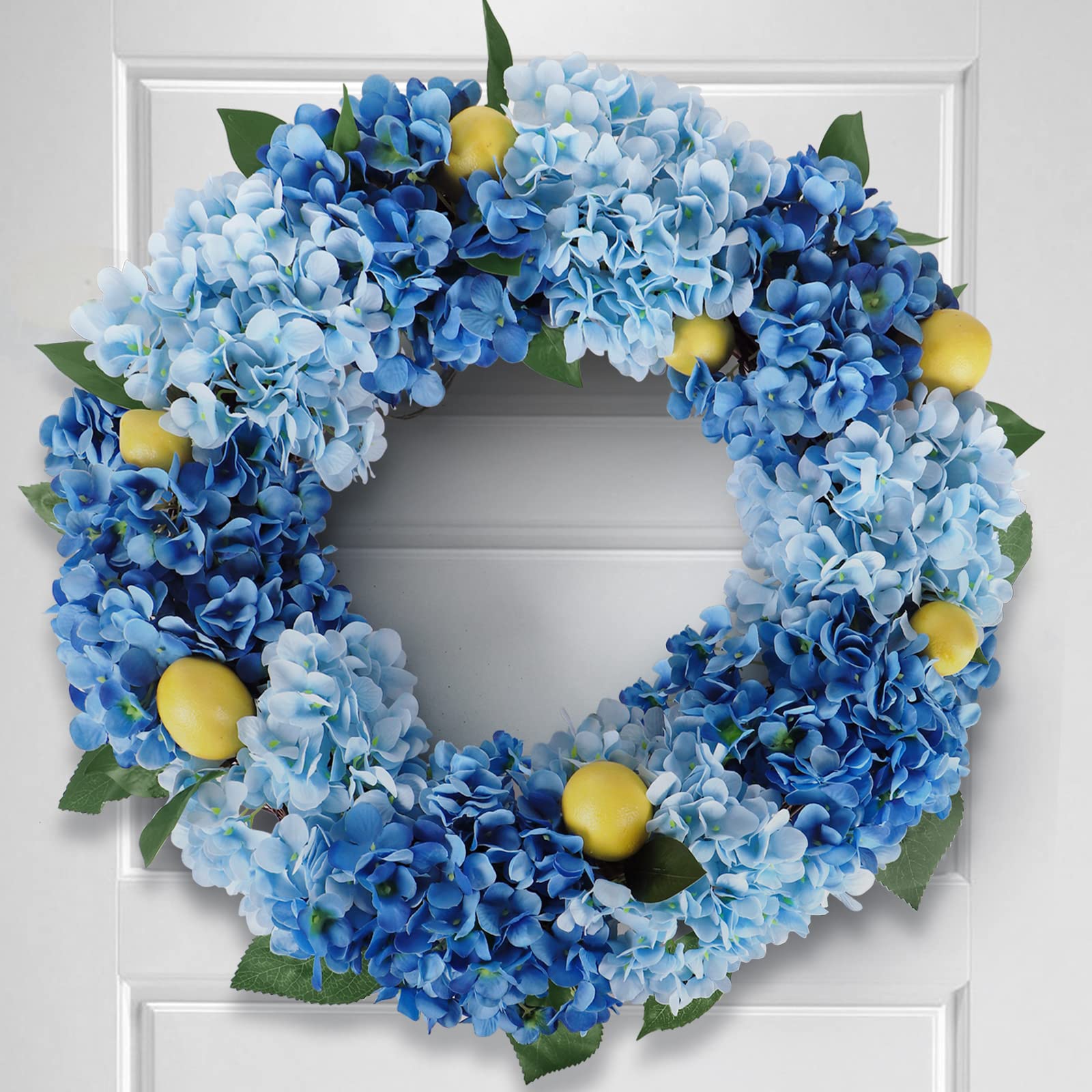 Kmise Sommer-Frühlingskranz für Haustür, 66 cm, große blaue Hortensien, Zitronenkranz für Tür, Fenster, zum Aufhängen, Hochzeit, Party, Dekoration