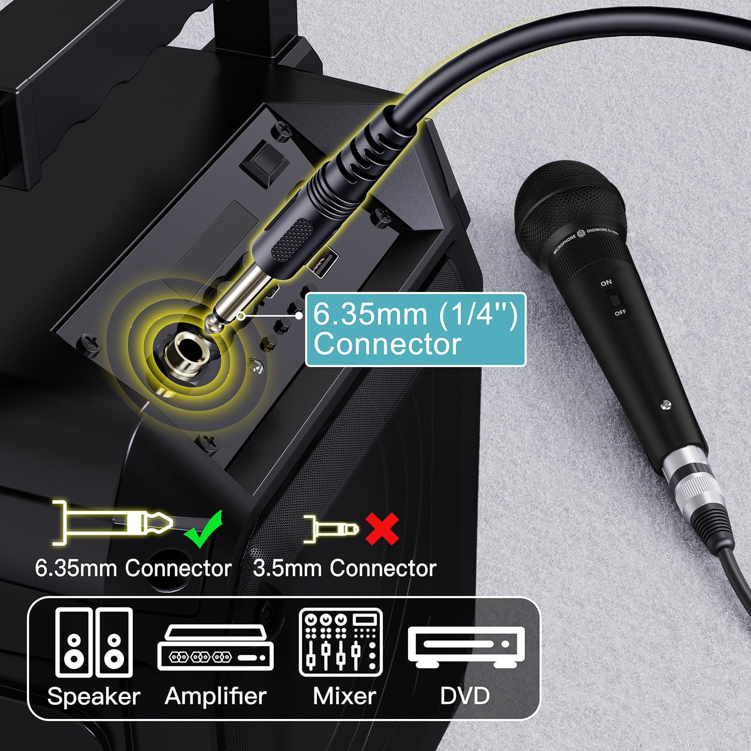 DIGIMORE Super-kardioidalny mikrofon dynamiczny, przewodowy mikrofon z kablem XLR 6 m i uchwytem na mikrofon, do wokalu, śpiewania, karaoke, występów na żywo, studia, systemu nagłośnienia, nagrywania