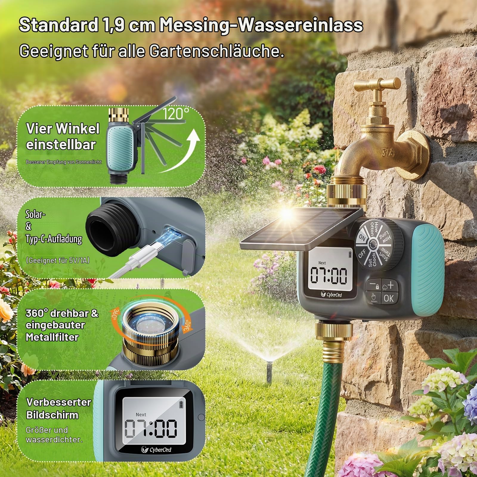 Bewässerungscomputer mit Solarenergie, Programmierbare Wasser Bewässerungsuhr LCD-Display Automatische Zeitschaltuhr mit Regenverzögerung/Automatischem & Manueller Modus für Garten und Rasen