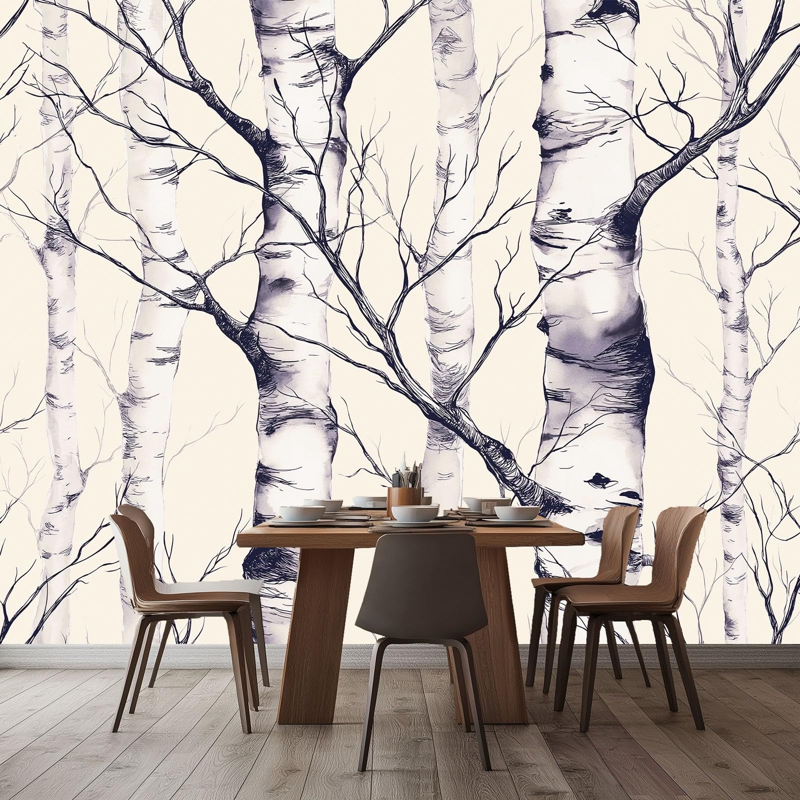 Panoramiczna tapeta w paski lasu brzozowego, tapeta z włókniny akwarelowej biały czarny do sypialni salonu jadalni-200 cm x 140 cm nowoczesna dekoracja ścienna tło