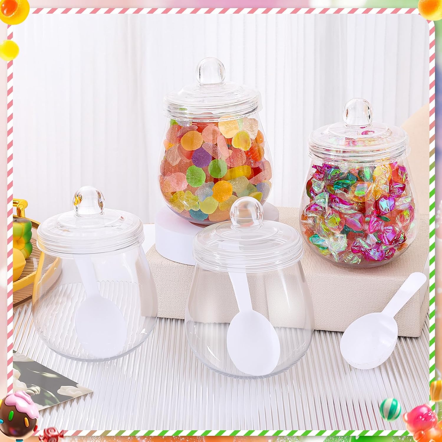 mwellewm 4 Pcs Candy Jars with Lids&Spoons 16 OZ Clear Candy Dispenser Plastic Cookie Jars Snack Container Airtight Storage Organization Buffet Canister for Wedding Home Kitchen Bar Office Decoration