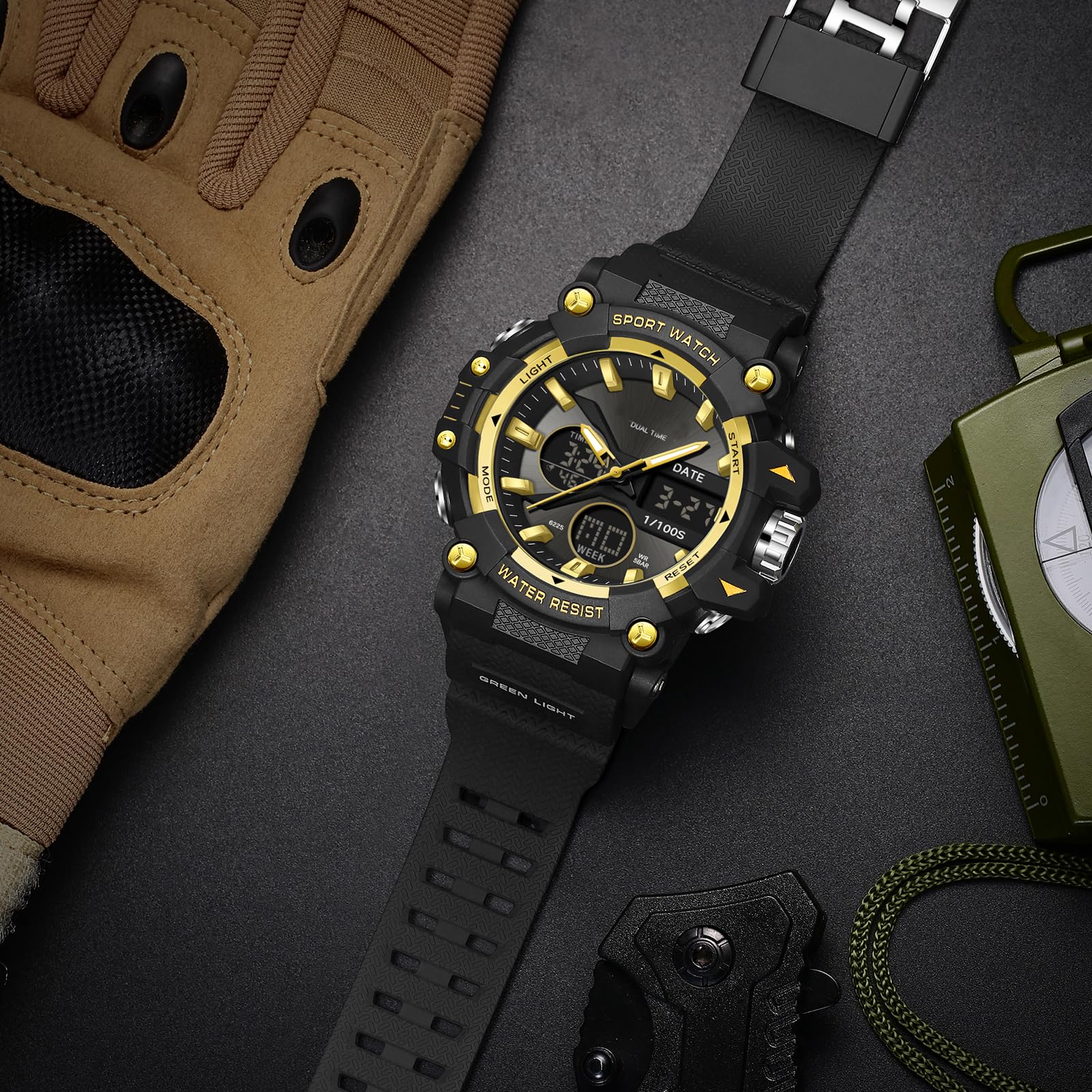 findtime Montre de sport pour homme avec date, analogique, numérique, rétro-éclairage LED, étanche, doré, Décontracté