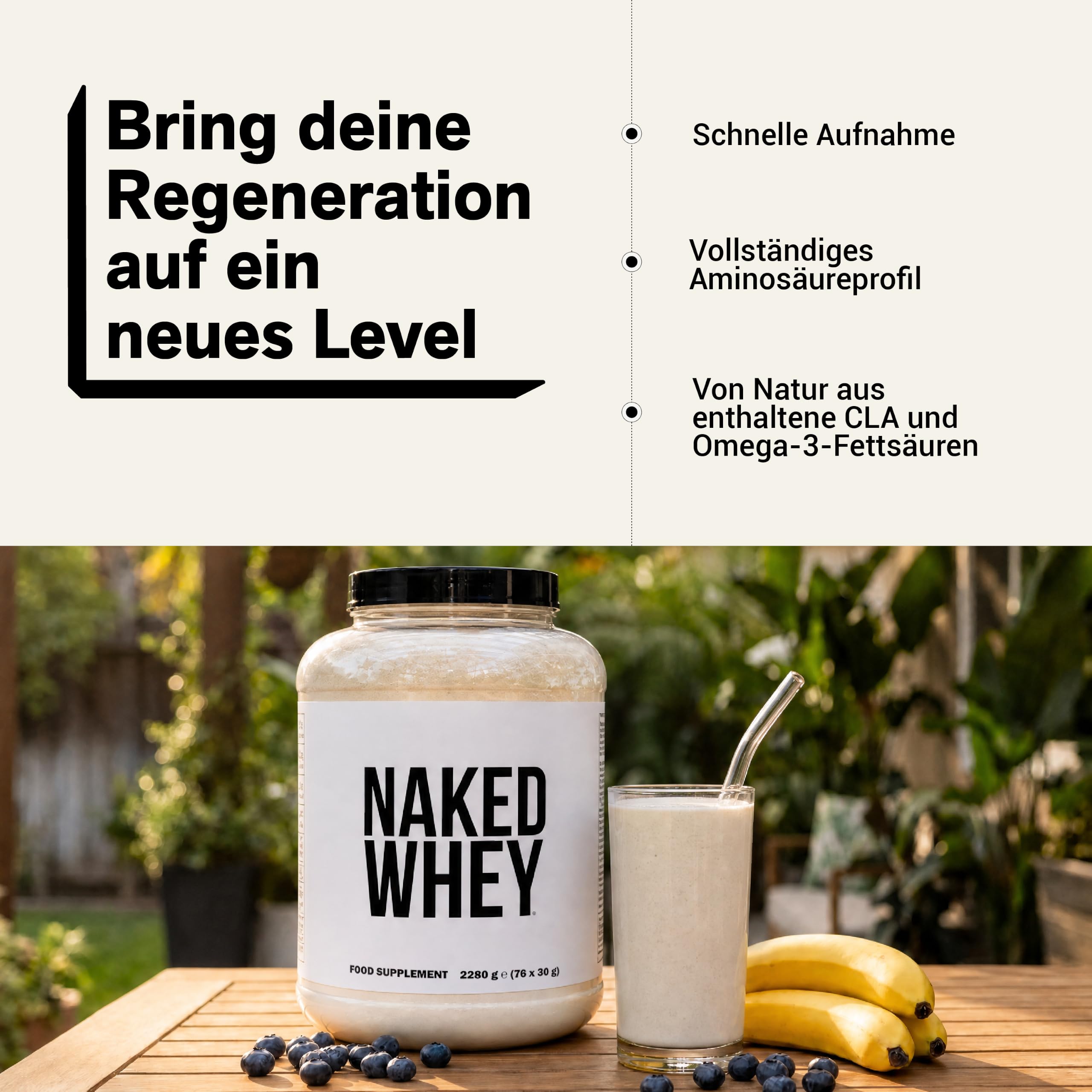 Naked Whey Protein Pulver (Eiweißpulver), Nur 1 Zutat, Grass Fed, Glutenfrei, Sojafrei, GMO-frei, 25g Protein und 6g BCAAs pro Messlöffel, Geschmacksneutral, 76 Portionen, 2280g