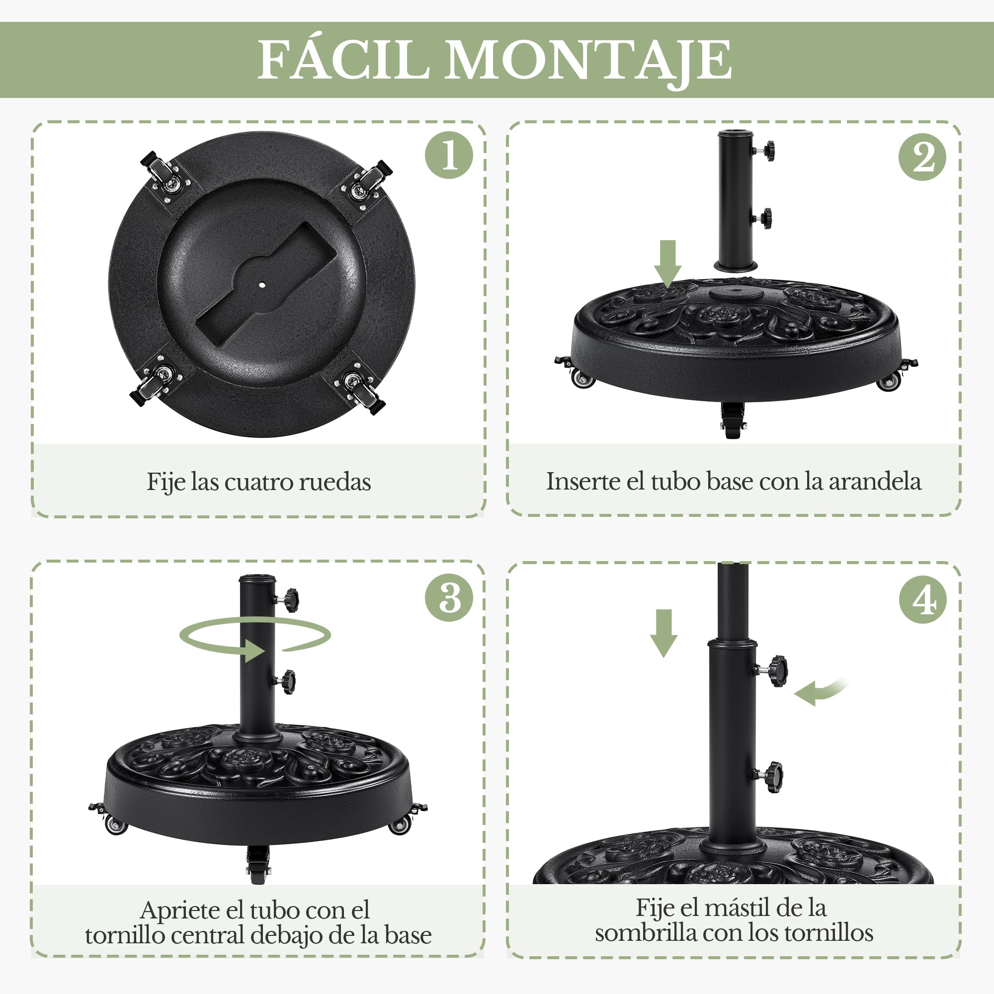 Yaheetech Base Redonda de Sombrilla con Ruedas Soporte para Parasol de 25 kg con Diseño Rústico Vintage de Rosas para Exteriores Playa Terraza (Negro)