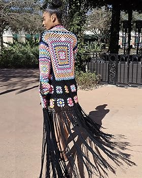 EDOLYNSA Women's Handmade Crochet Kimono Cardigan Boho Fall Jacket