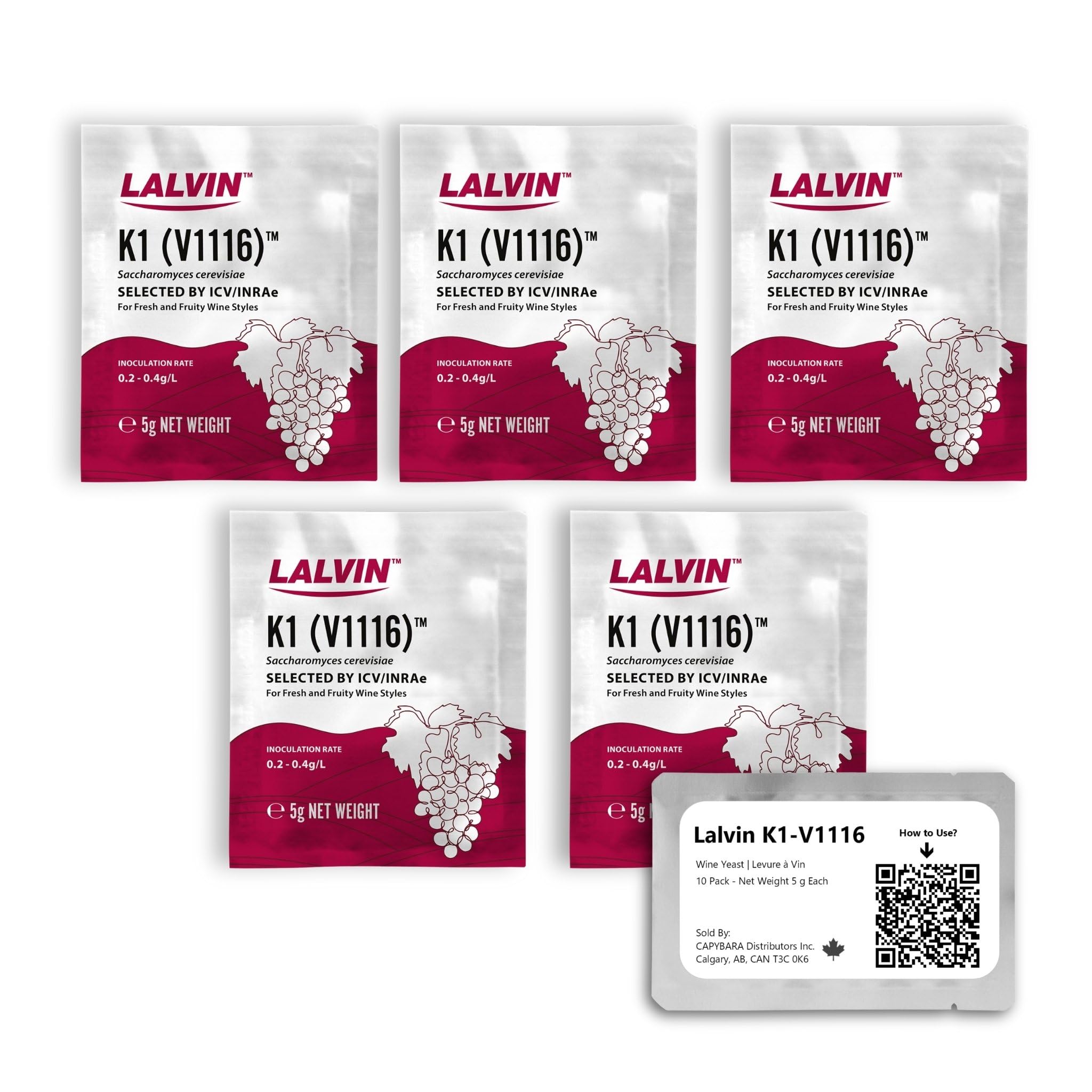 Lalvin K1-V1116 Wine Yeast (5 Pack) - Make Wine Cider Mead Kombucha At Home - 5 g Sachets - Saccharomyces cerevisiae - Sold by CAPYBARA Distributors Inc.