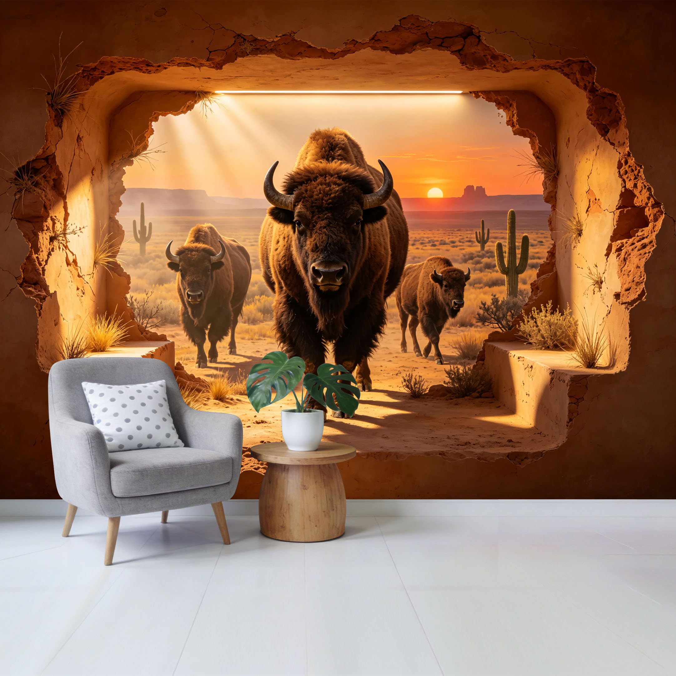 Custom Size Wall Mural Western Desert Sunset Buffalo Herd 3D Trompe L'Oeil Removable Self Adhesive Fabric Home Wall Decor for Living Room Bedroom Bathroom